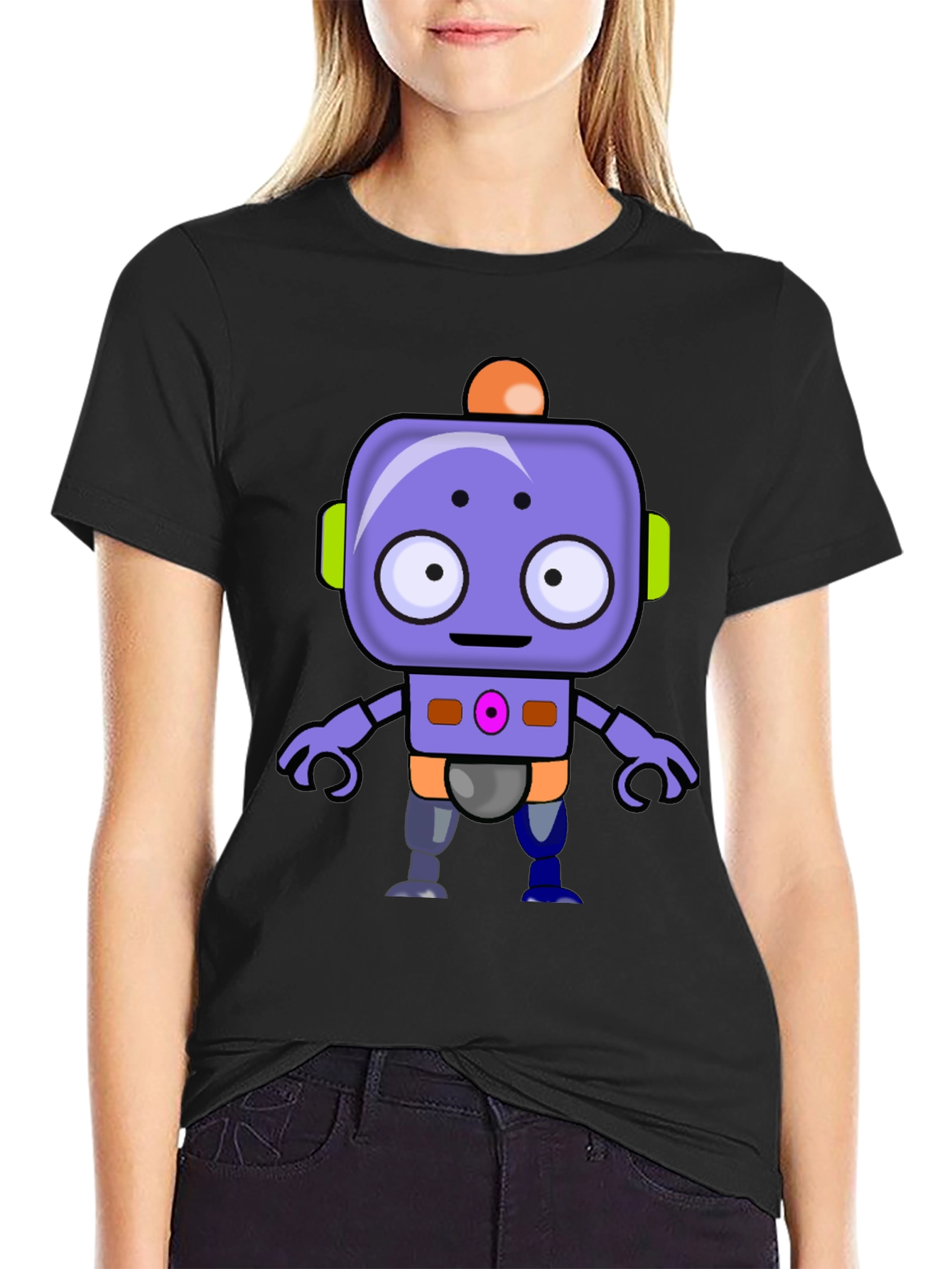 Cute Robot Graphic T-Shirt - Black Crew Neck Tee