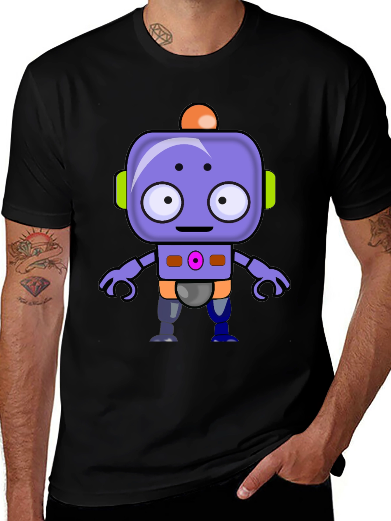 Cute Robot Graphic T-Shirt - Black Crew Neck Tee
