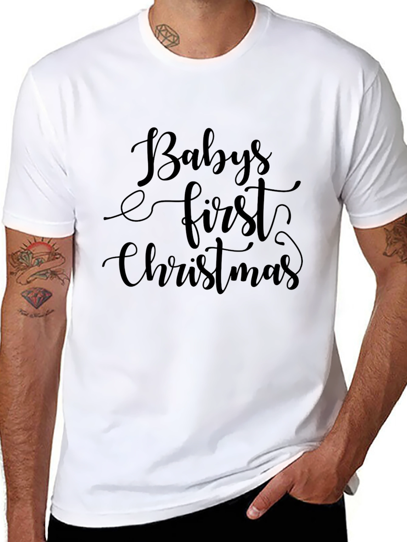 Babys First Christmas Black Crewneck T-Shirt