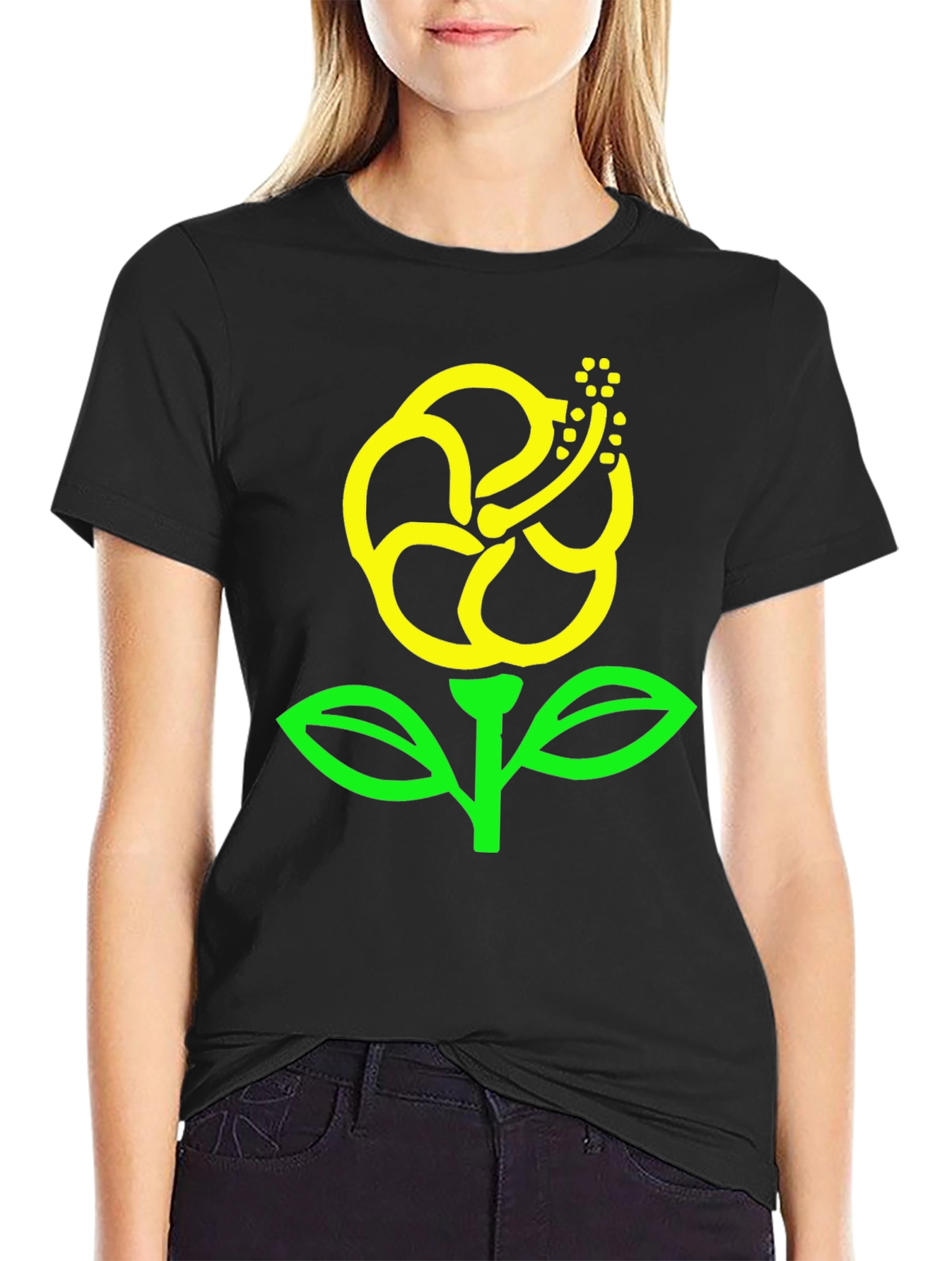 Black T-Shirt with Yellow Flower Graphic Print