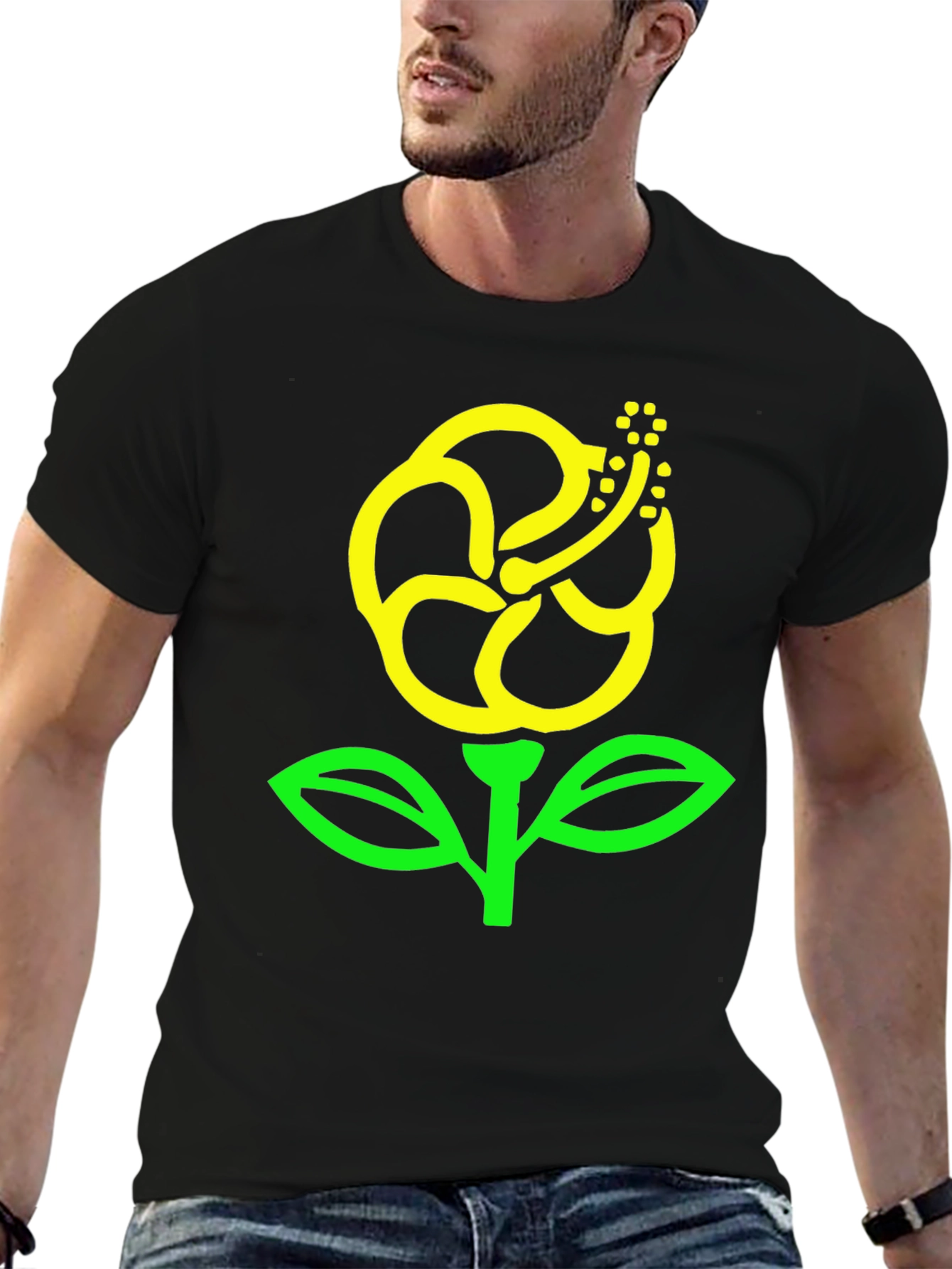Black T-Shirt with Yellow Flower Graphic Print