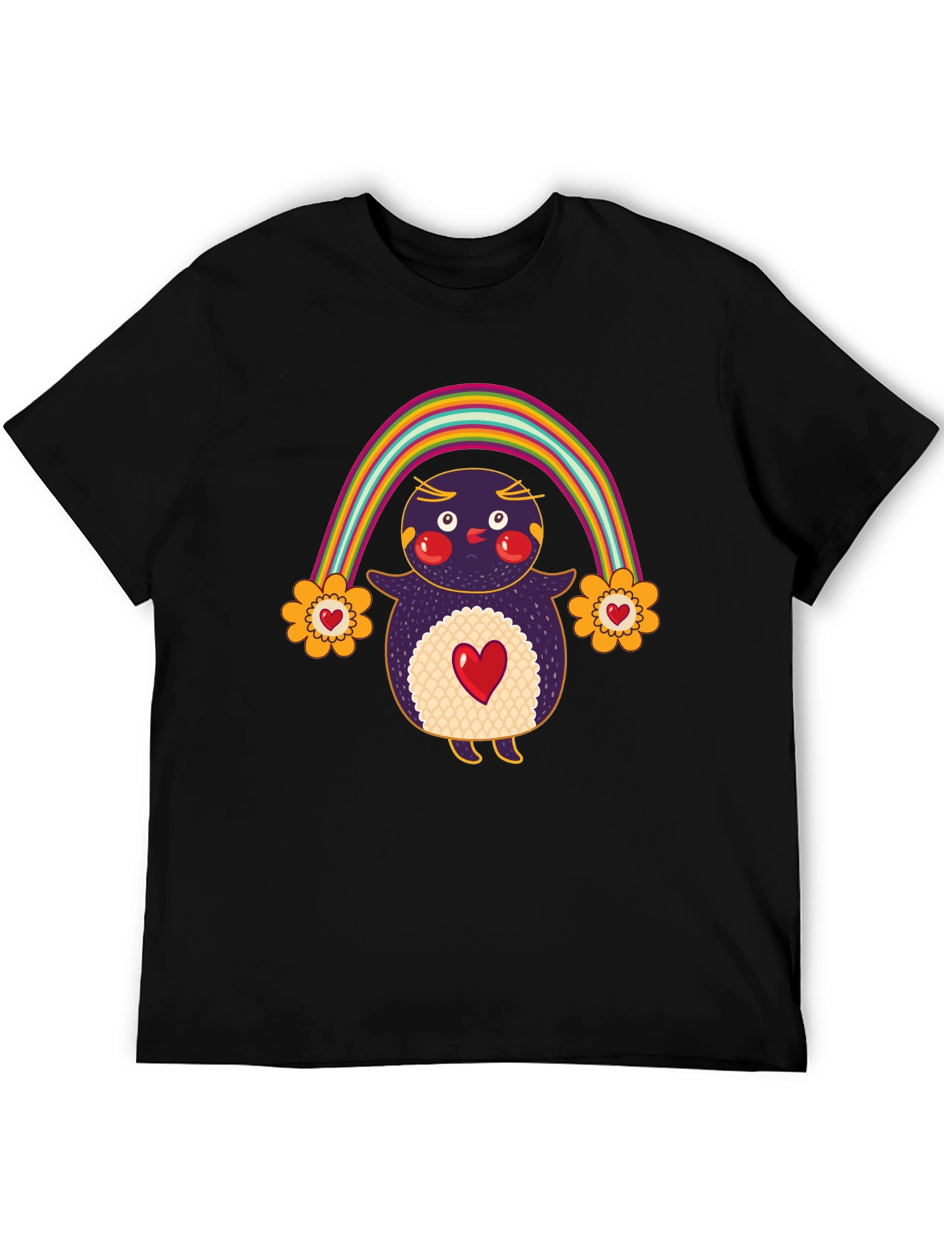 Cute Rainbow Penguin Graphic Tee - Unisex Black T-Shirt