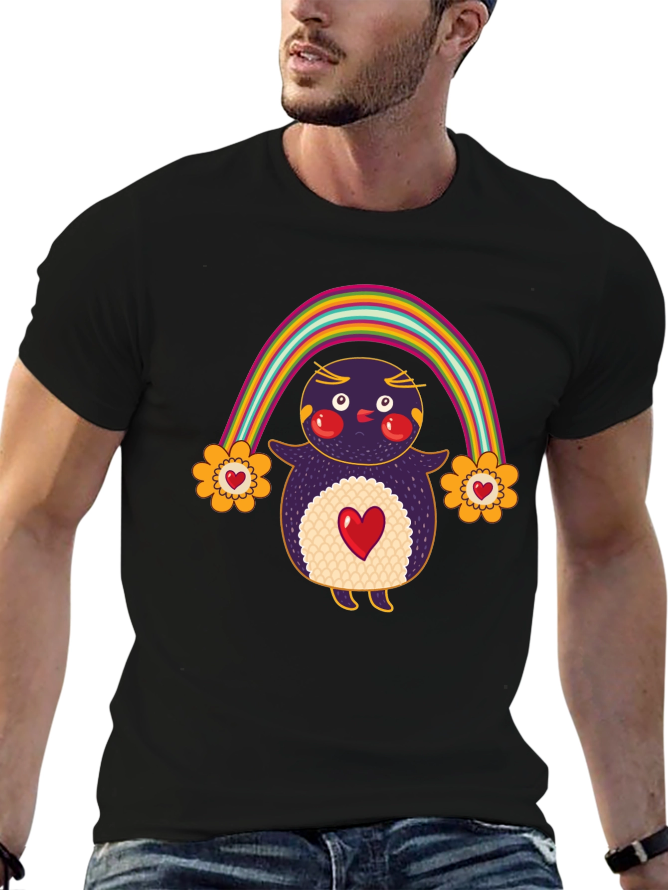 Cute Rainbow Penguin Graphic Tee - Unisex Black T-Shirt