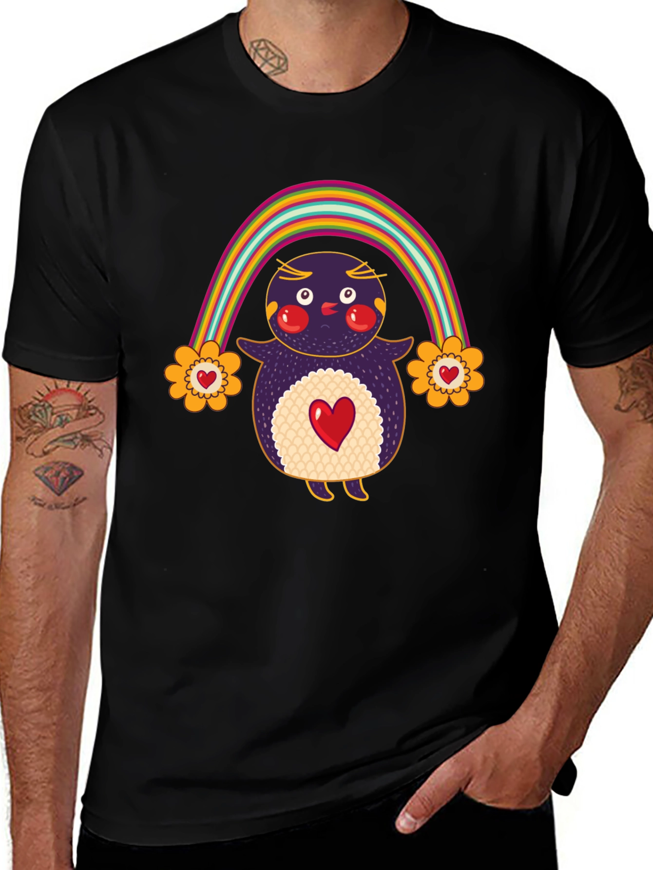 Cute Rainbow Penguin Graphic Tee - Unisex Black T-Shirt