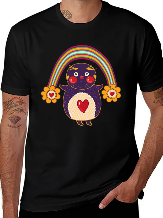 Cute Rainbow Penguin Graphic Tee - Unisex Black T-Shirt