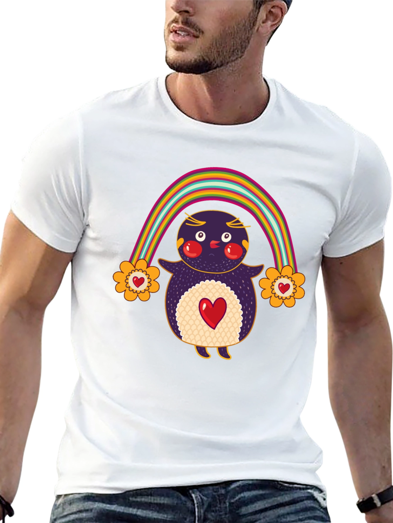Cute Rainbow Penguin Graphic Tee - Unisex Black T-Shirt