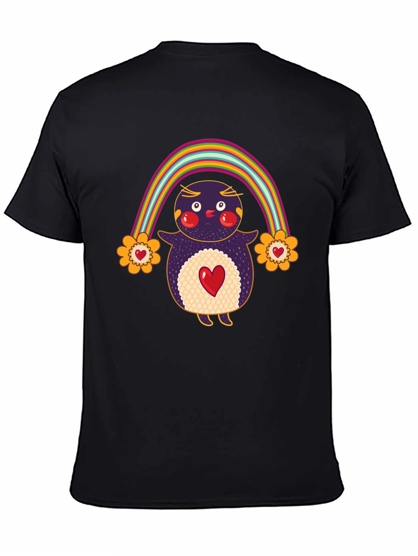 Cute Rainbow Penguin Graphic Tee - Unisex Black T-Shirt