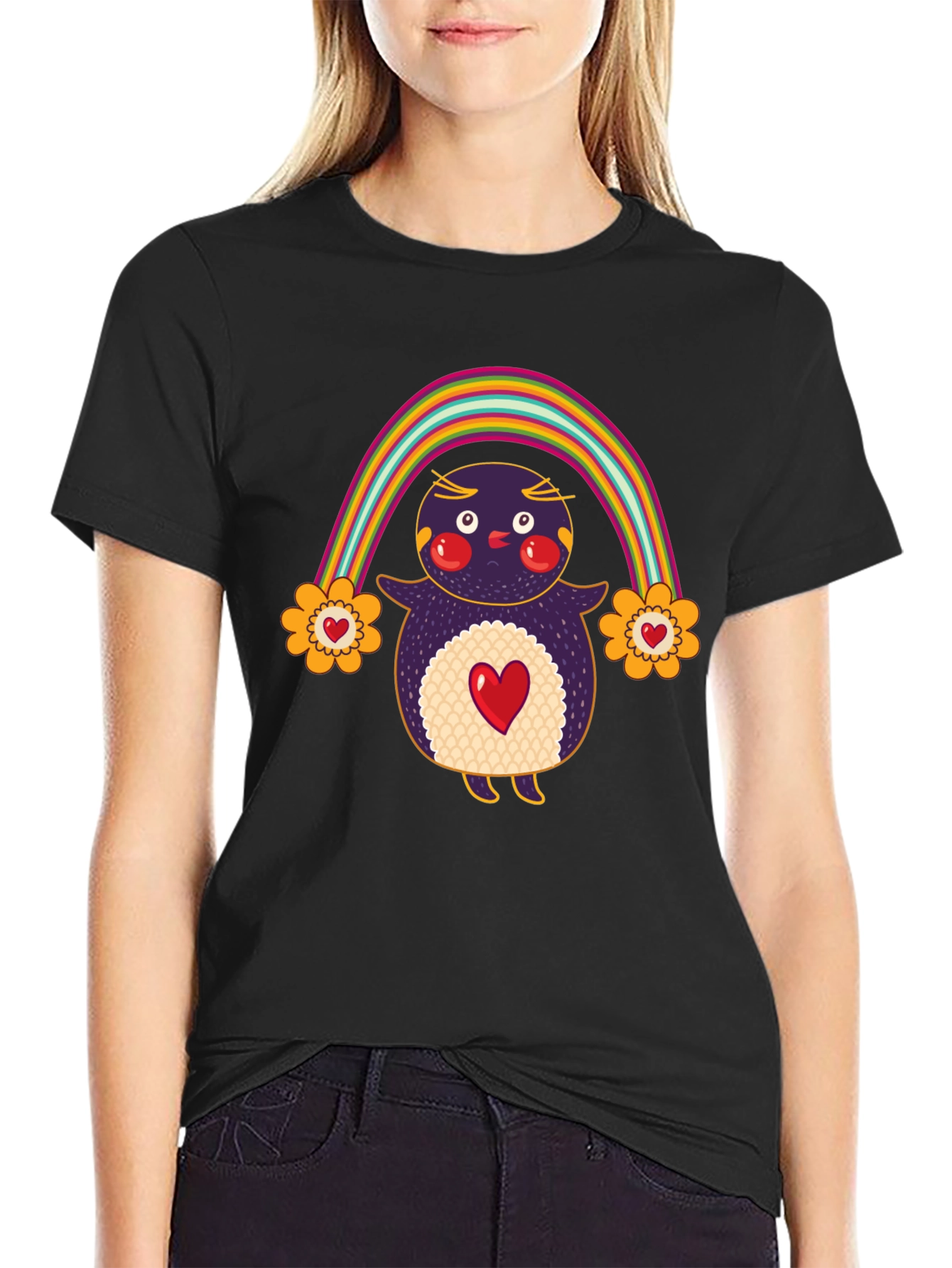 Cute Rainbow Penguin Graphic Tee - Unisex Black T-Shirt