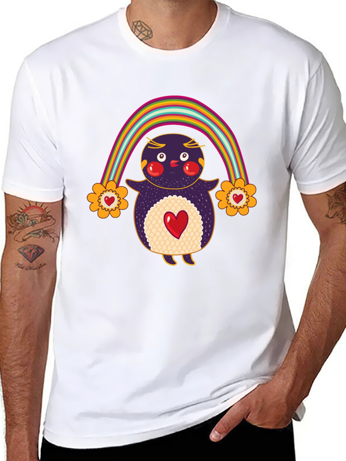 Cute Rainbow Penguin Graphic Tee - Unisex Black T-Shirt