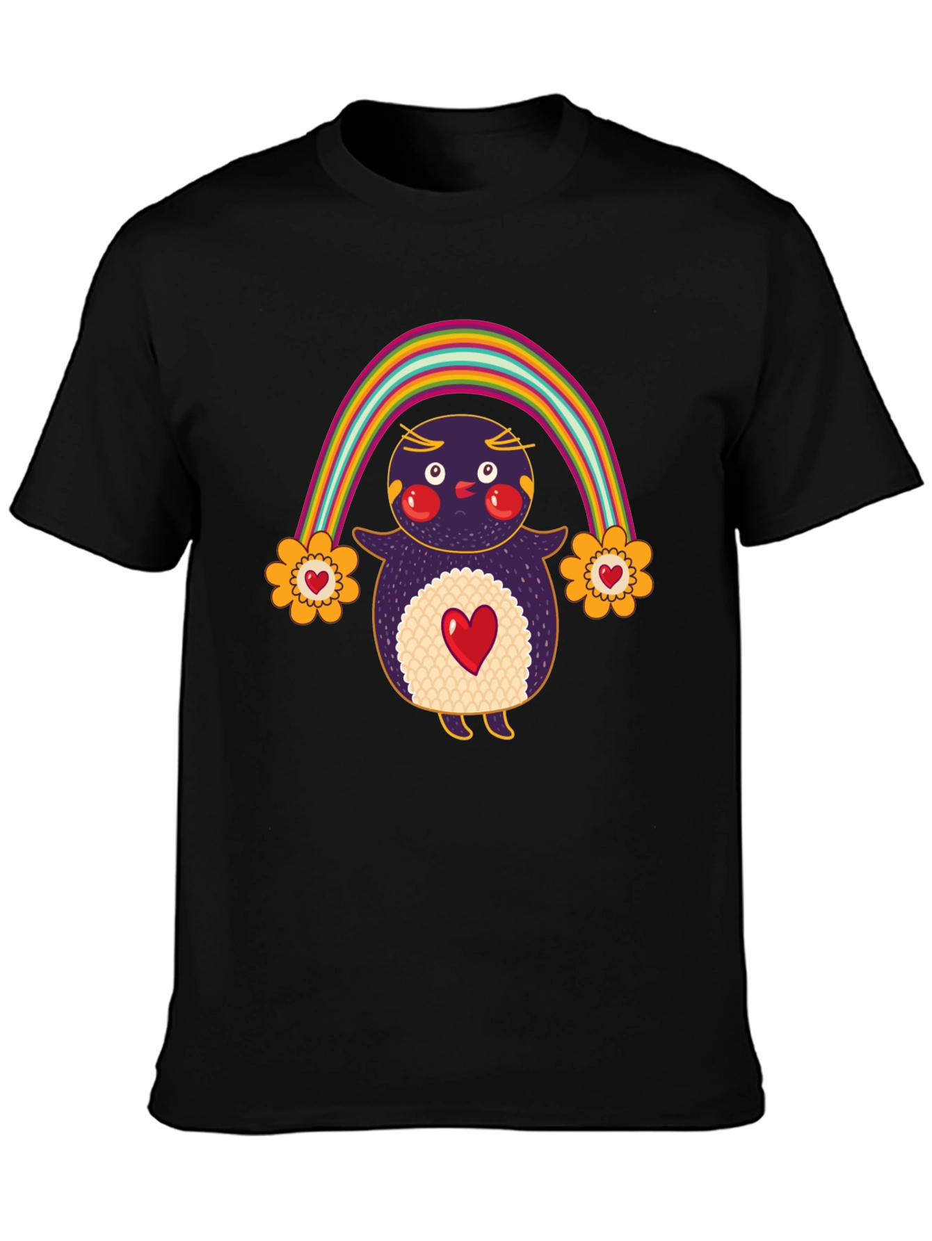 Cute Rainbow Penguin Graphic Tee - Unisex Black T-Shirt