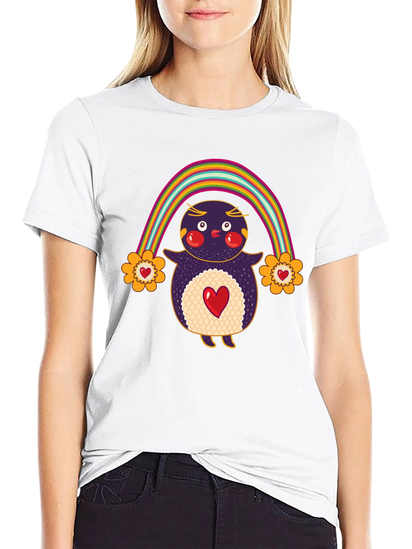 Cute Rainbow Penguin Graphic Tee - Unisex Black T-Shirt