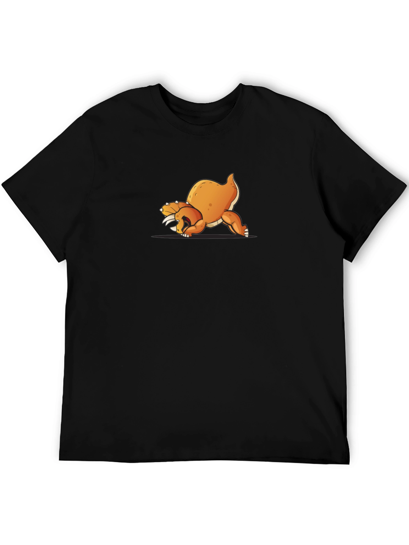 Black T-Shirt with Cartoon Orange Dinosaur Design