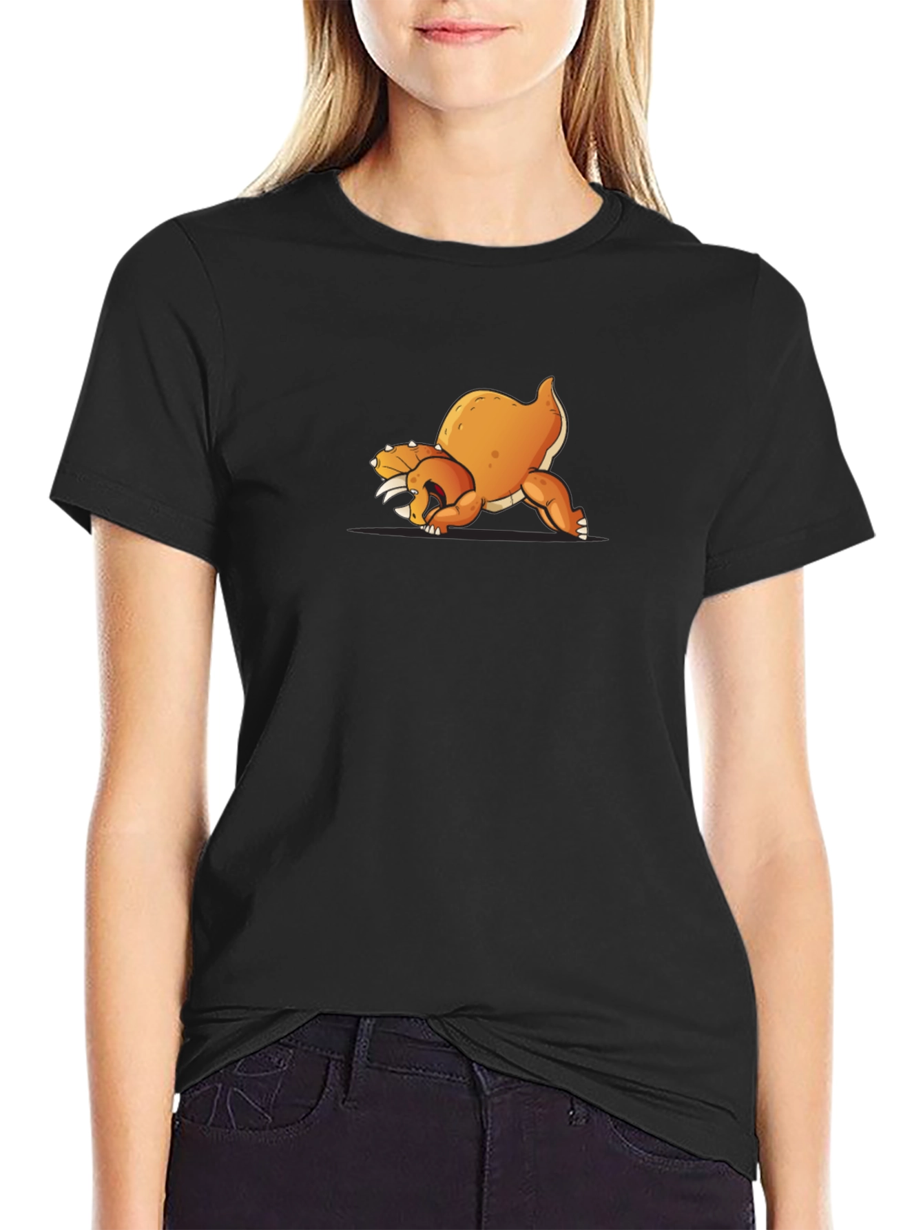 Black T-Shirt with Cartoon Orange Dinosaur Design