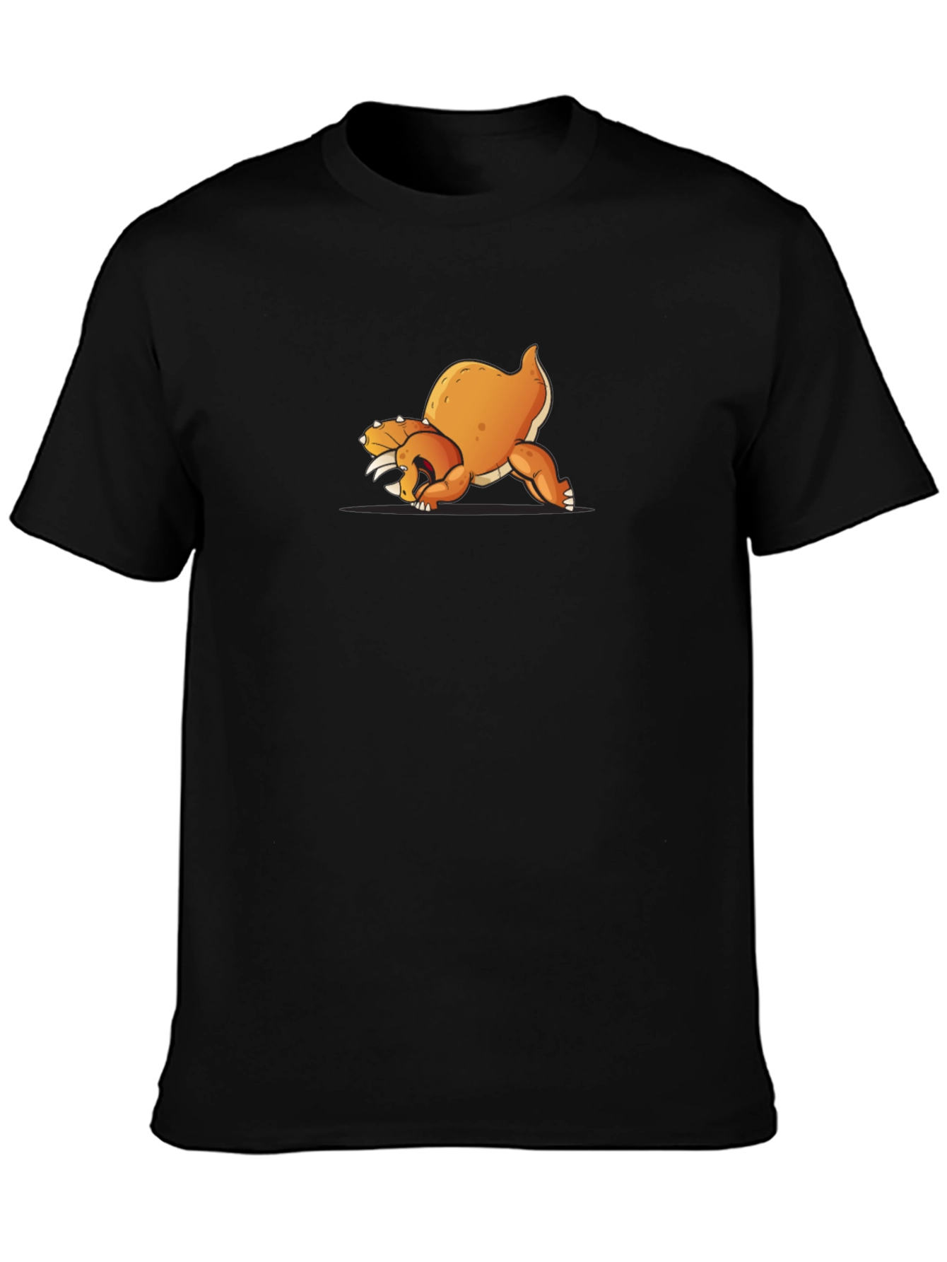Black T-Shirt with Cartoon Orange Dinosaur Design