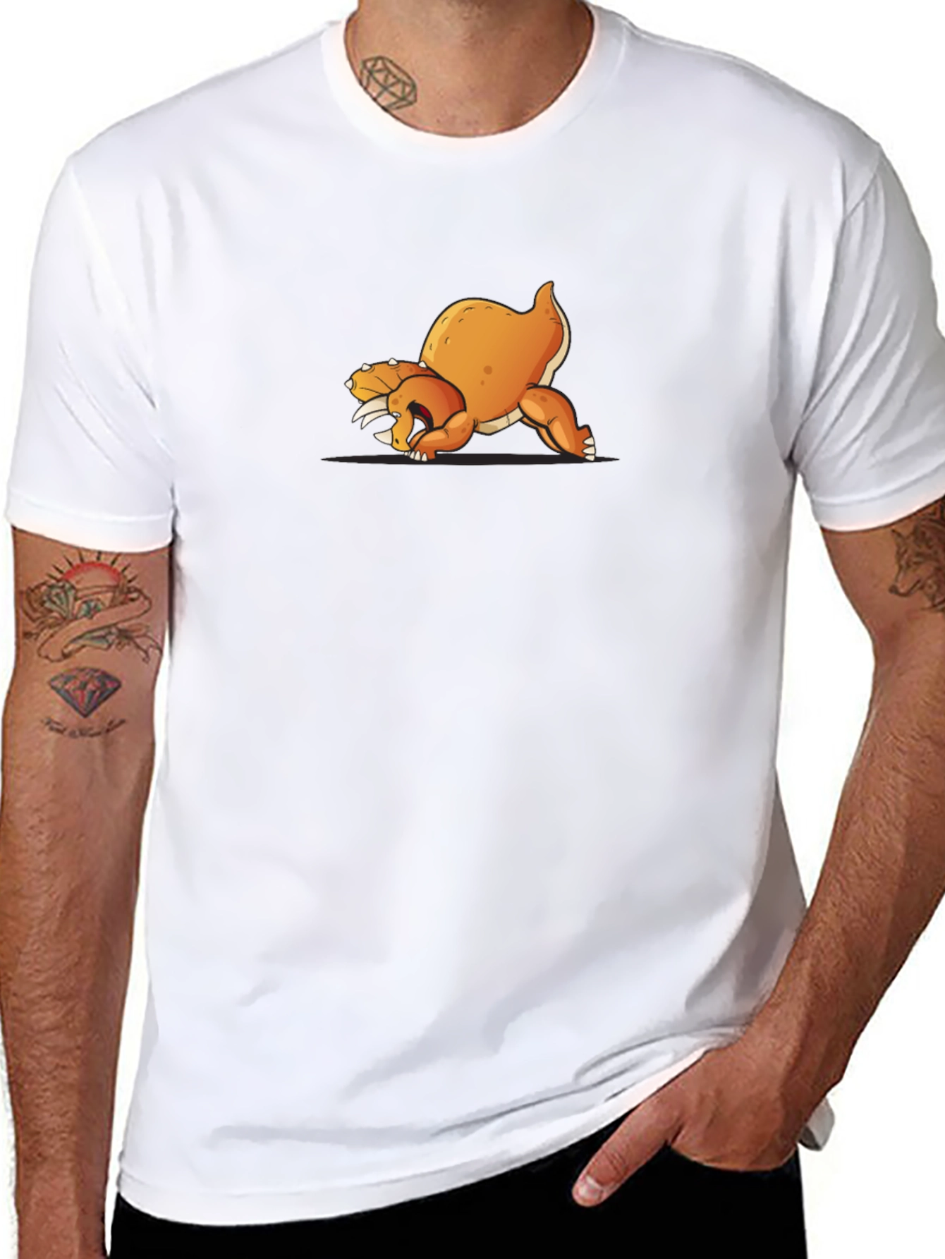 Black T-Shirt with Cartoon Orange Dinosaur Design