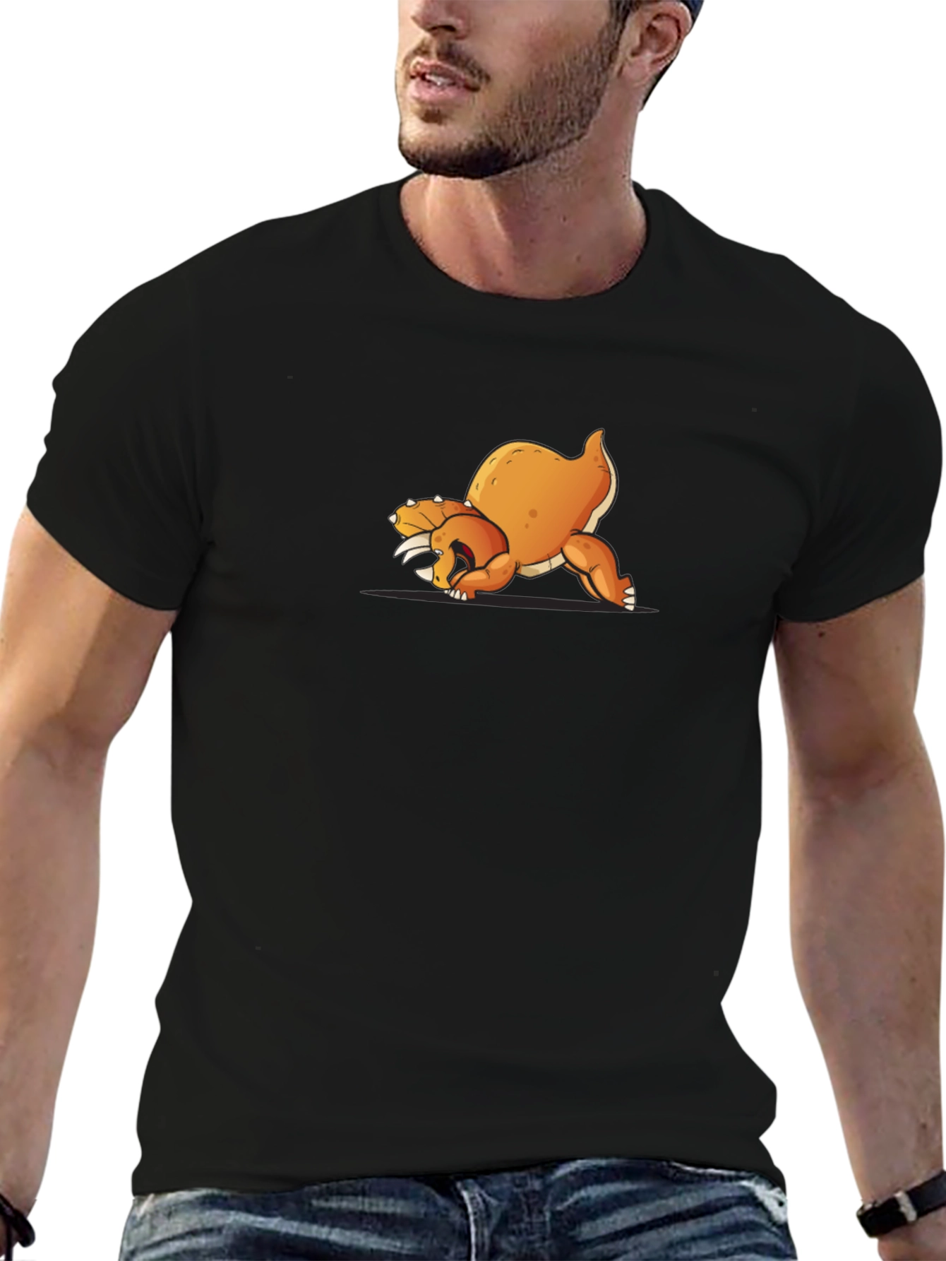 Black T-Shirt with Cartoon Orange Dinosaur Design