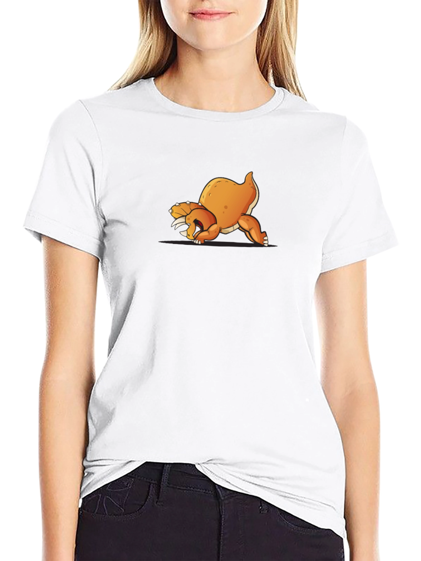 Black T-Shirt with Cartoon Orange Dinosaur Design