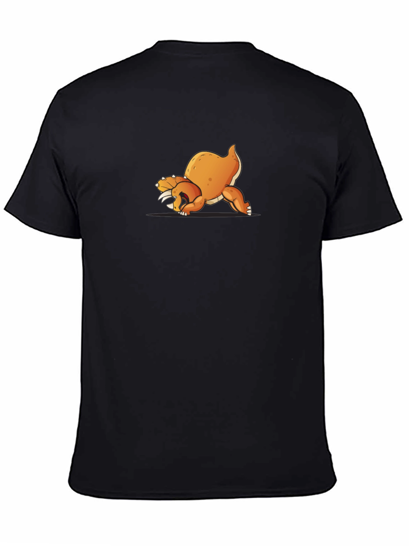 Black T-Shirt with Cartoon Orange Dinosaur Design