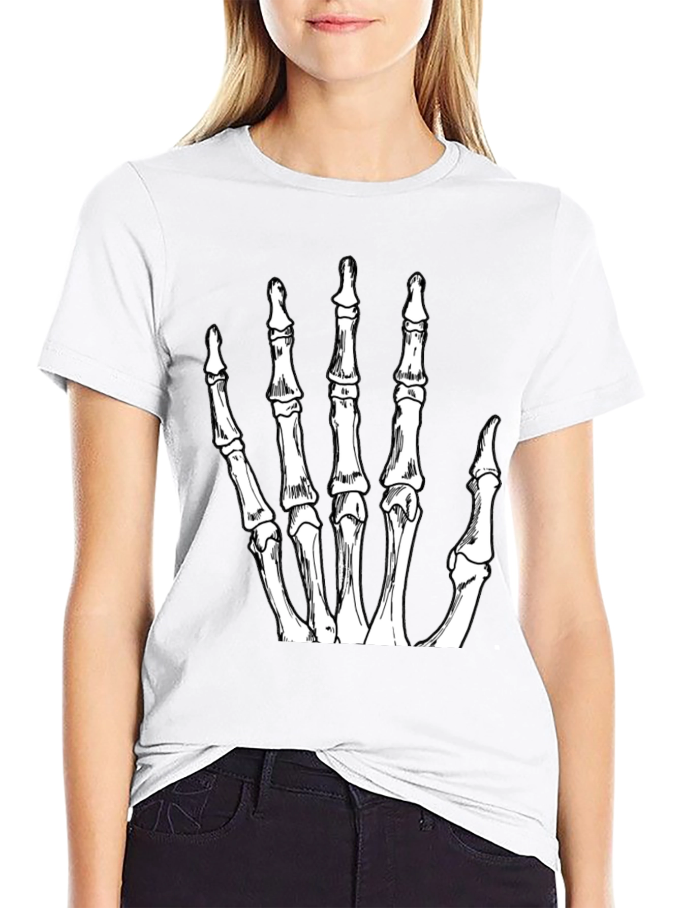 Skeleton Hand Graphic Tee - Black Crew Neck T-Shirt