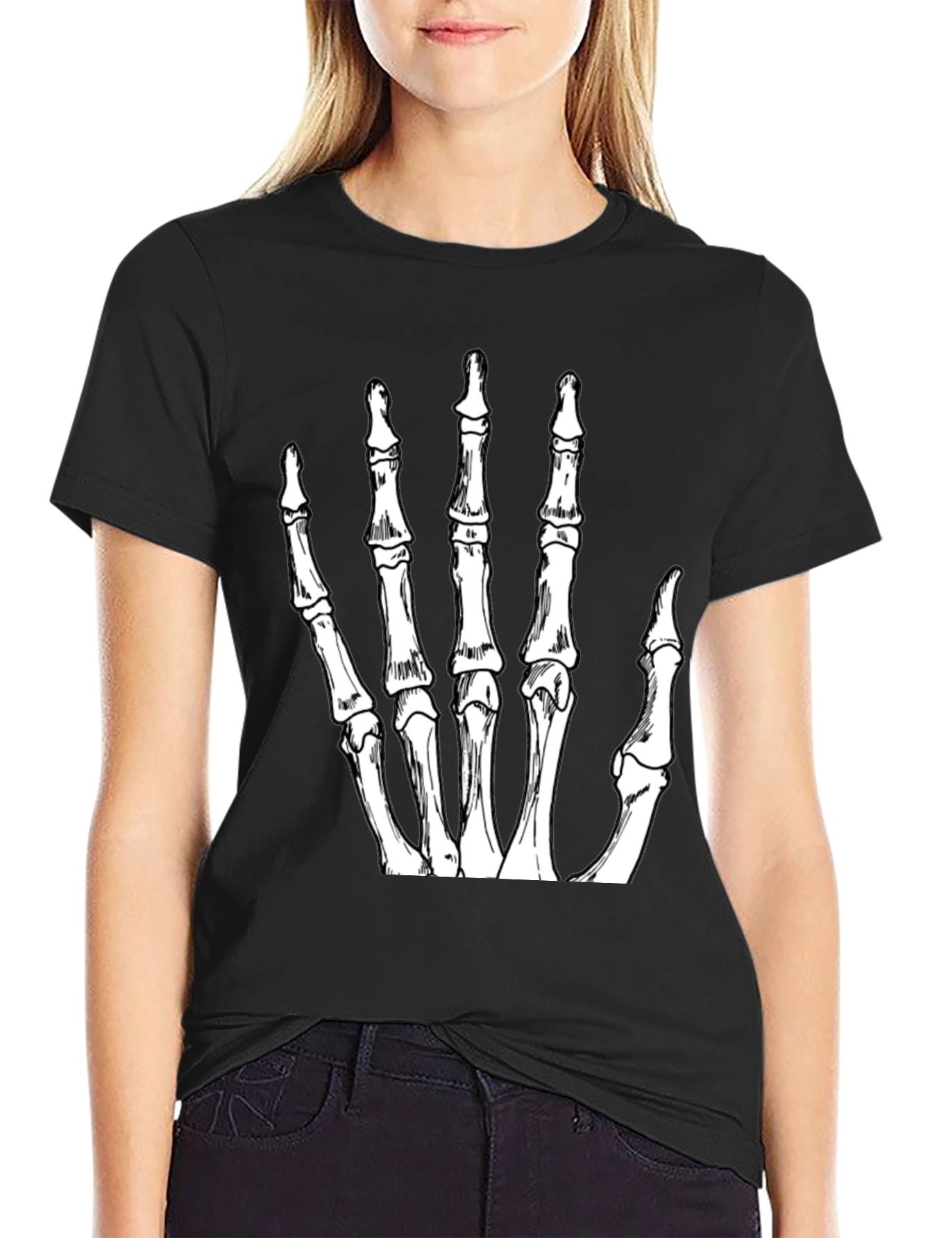 Skeleton Hand Graphic Tee - Black Crew Neck T-Shirt