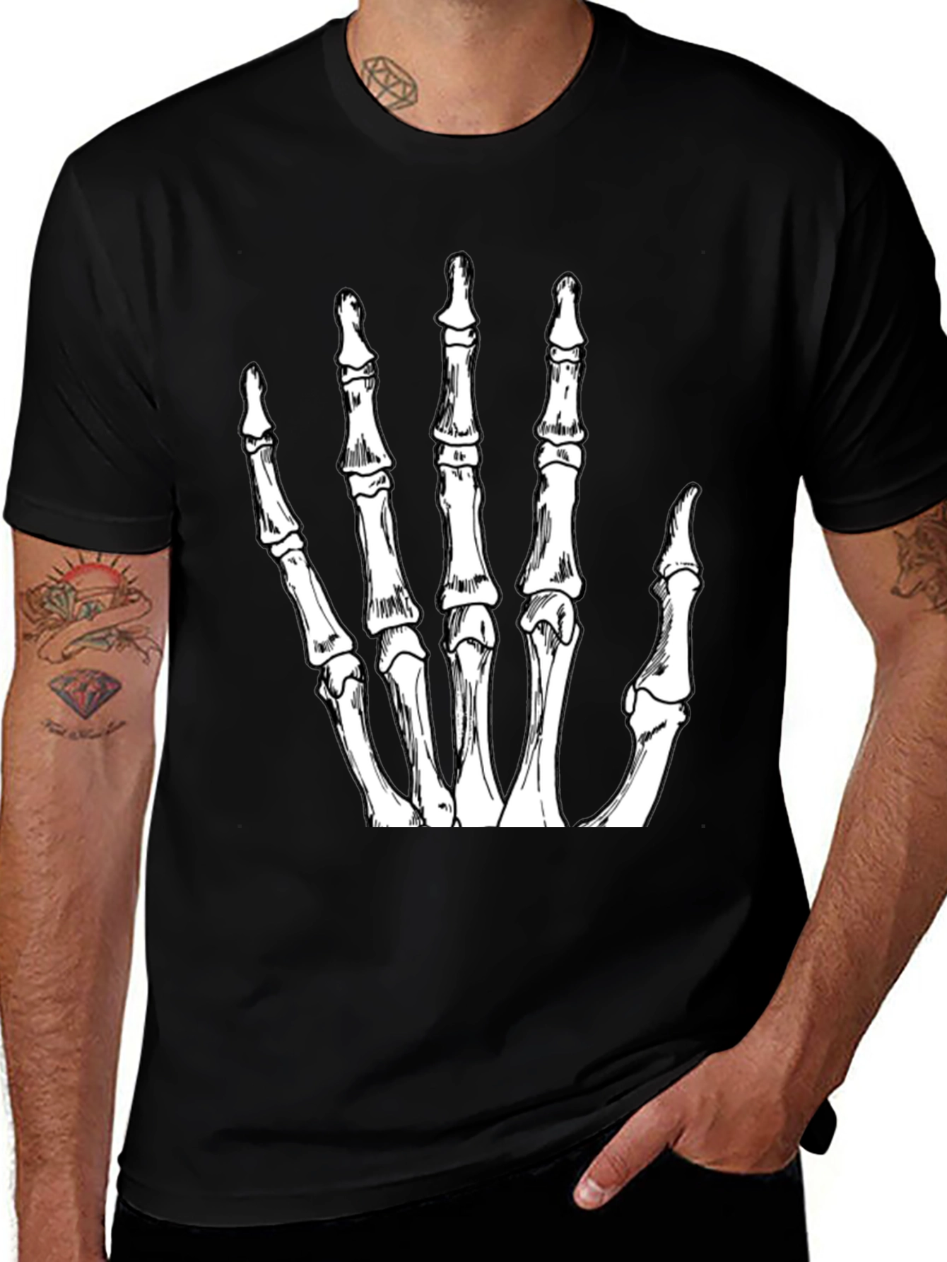 Skeleton Hand Graphic Tee - Black Crew Neck T-Shirt
