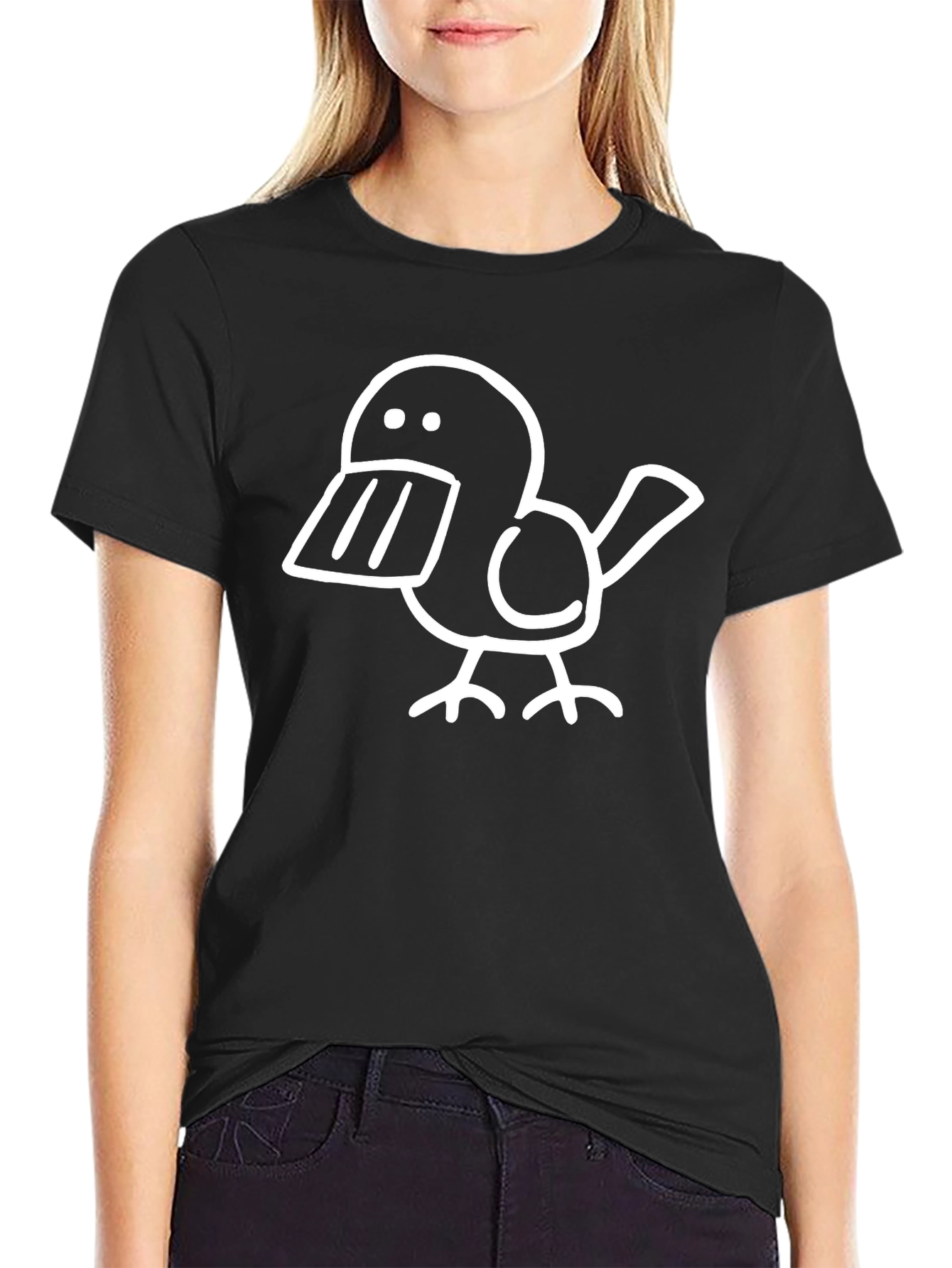Whimsical Bird Graphic Tee - Black Cotton T-Shirt