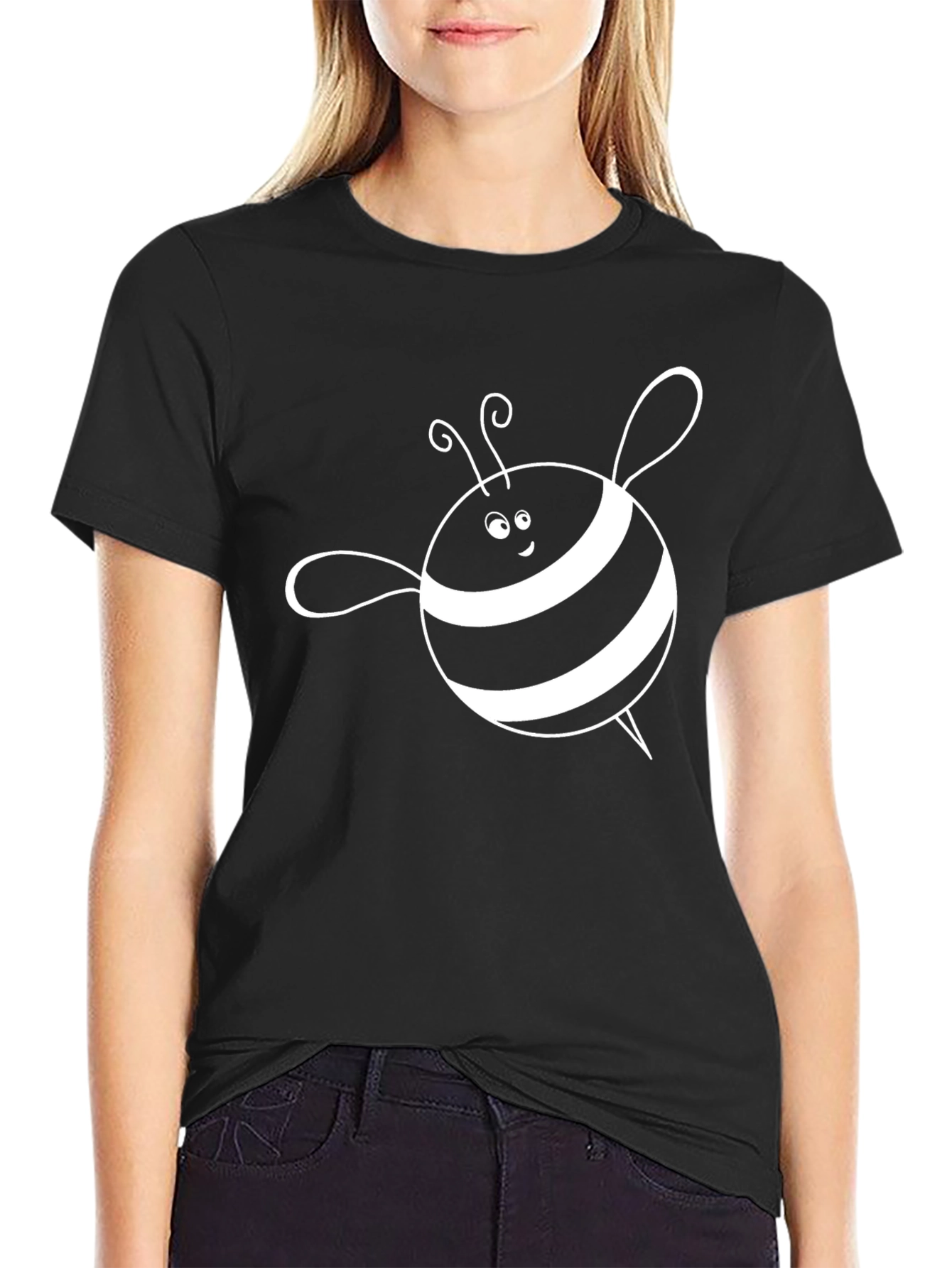 Cute Bee Graphic Tee - Black Cotton T-Shirt
