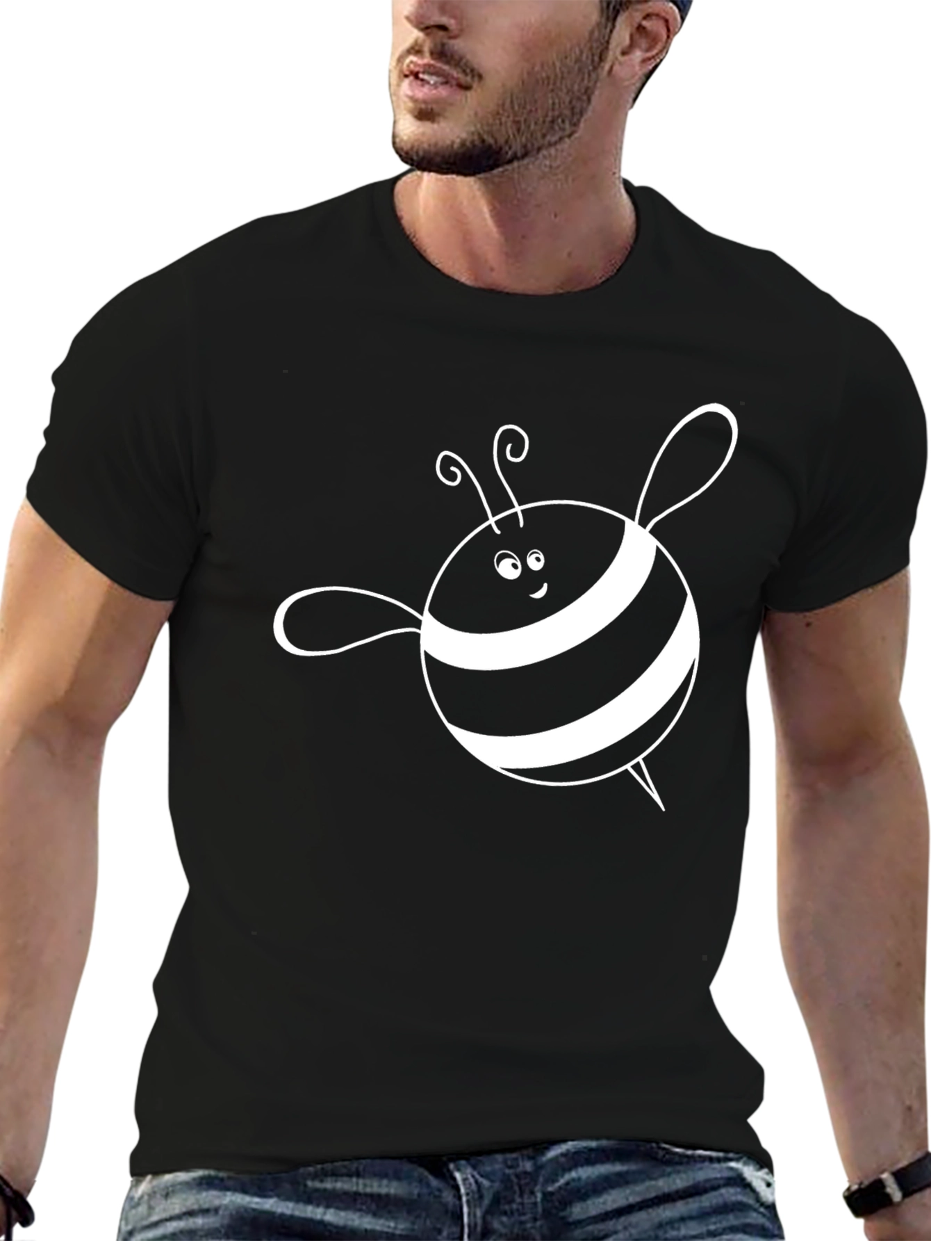 Cute Bee Graphic Tee - Black Cotton T-Shirt
