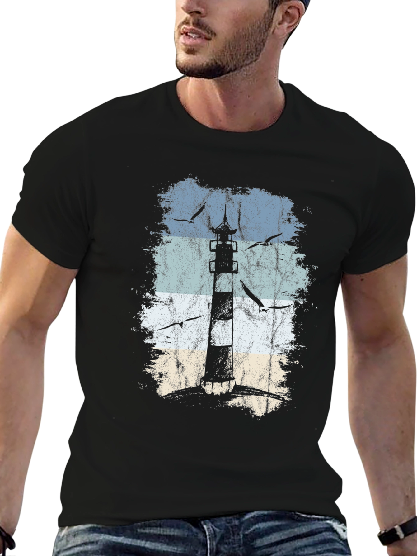 Lighthouse Graphic Black T-Shirt - Coastal Design