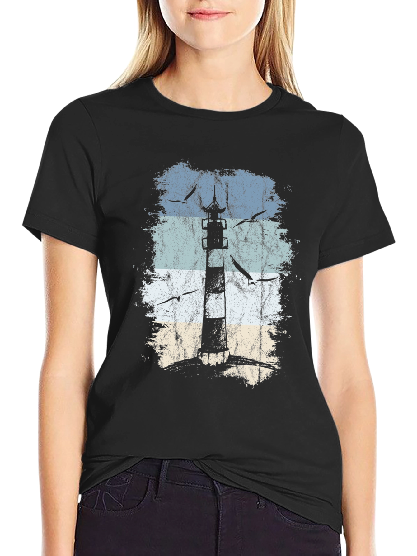 Lighthouse Graphic Black T-Shirt - Coastal Design