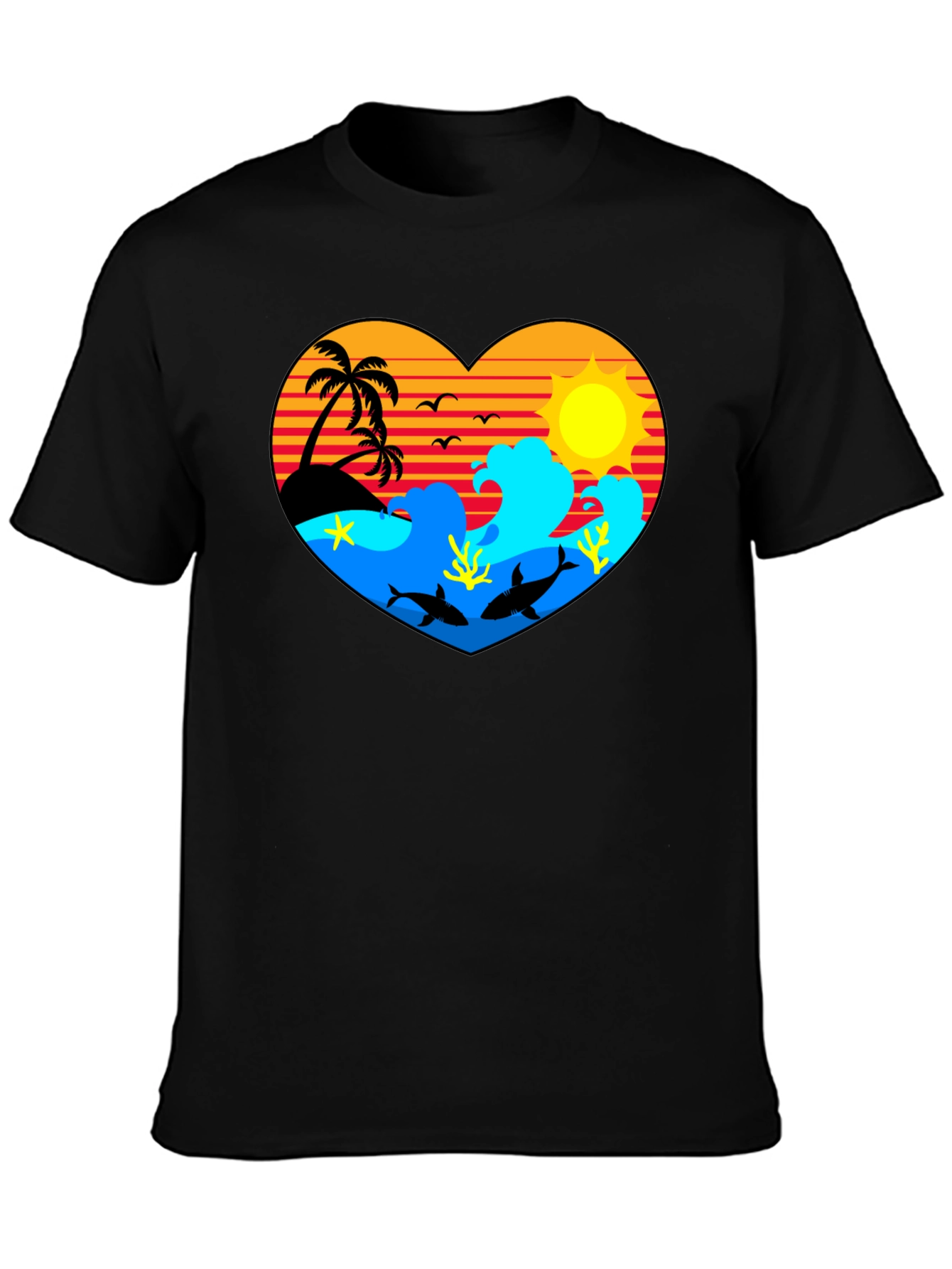 Tropical Heart Design Black T-Shirt