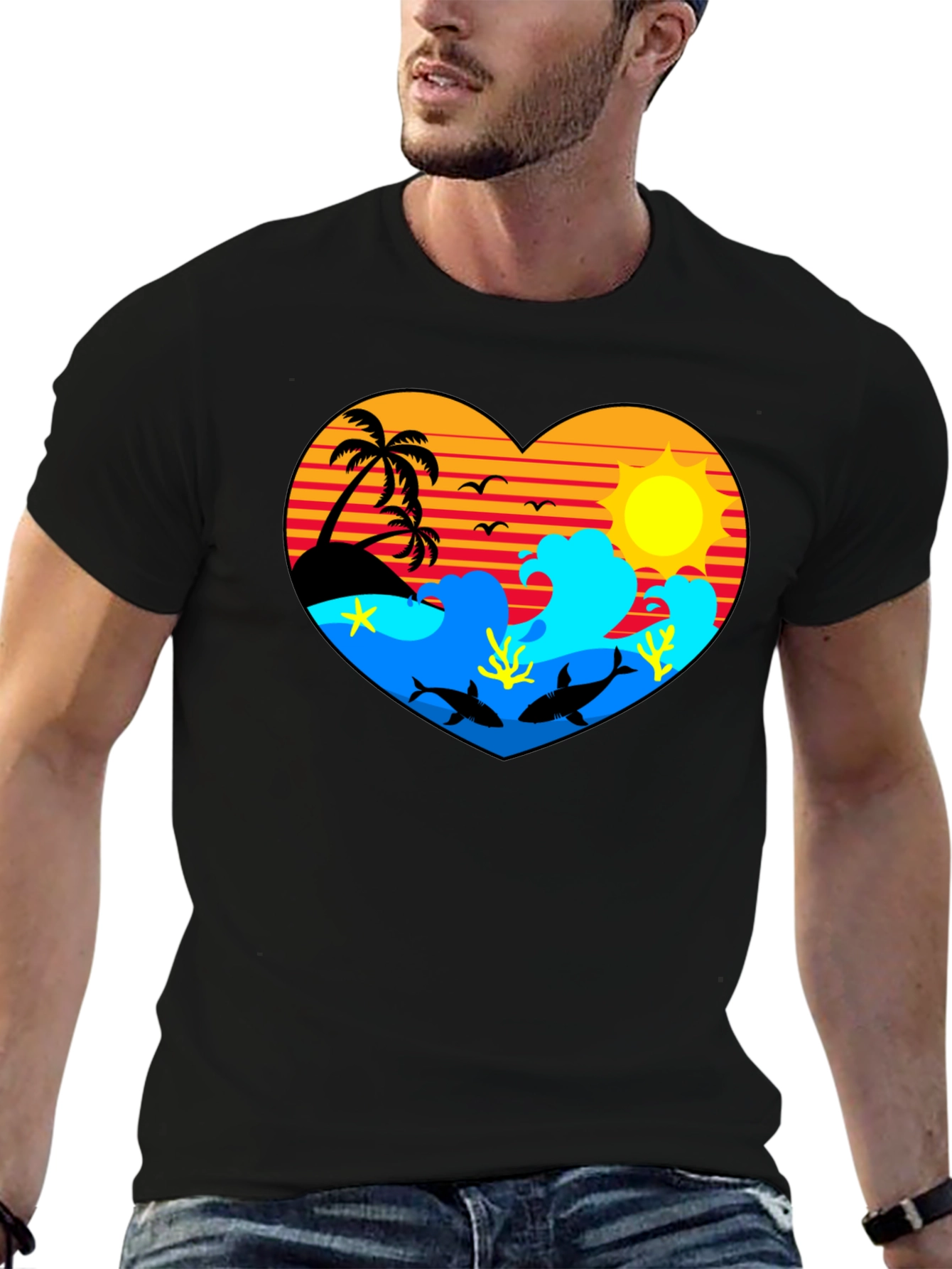 Tropical Heart Design Black T-Shirt