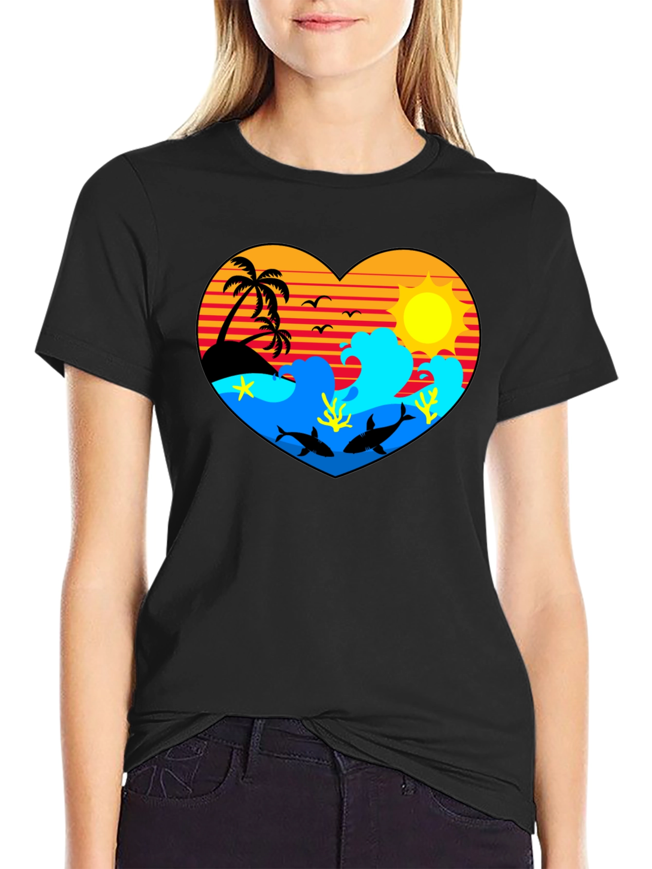 Tropical Heart Design Black T-Shirt