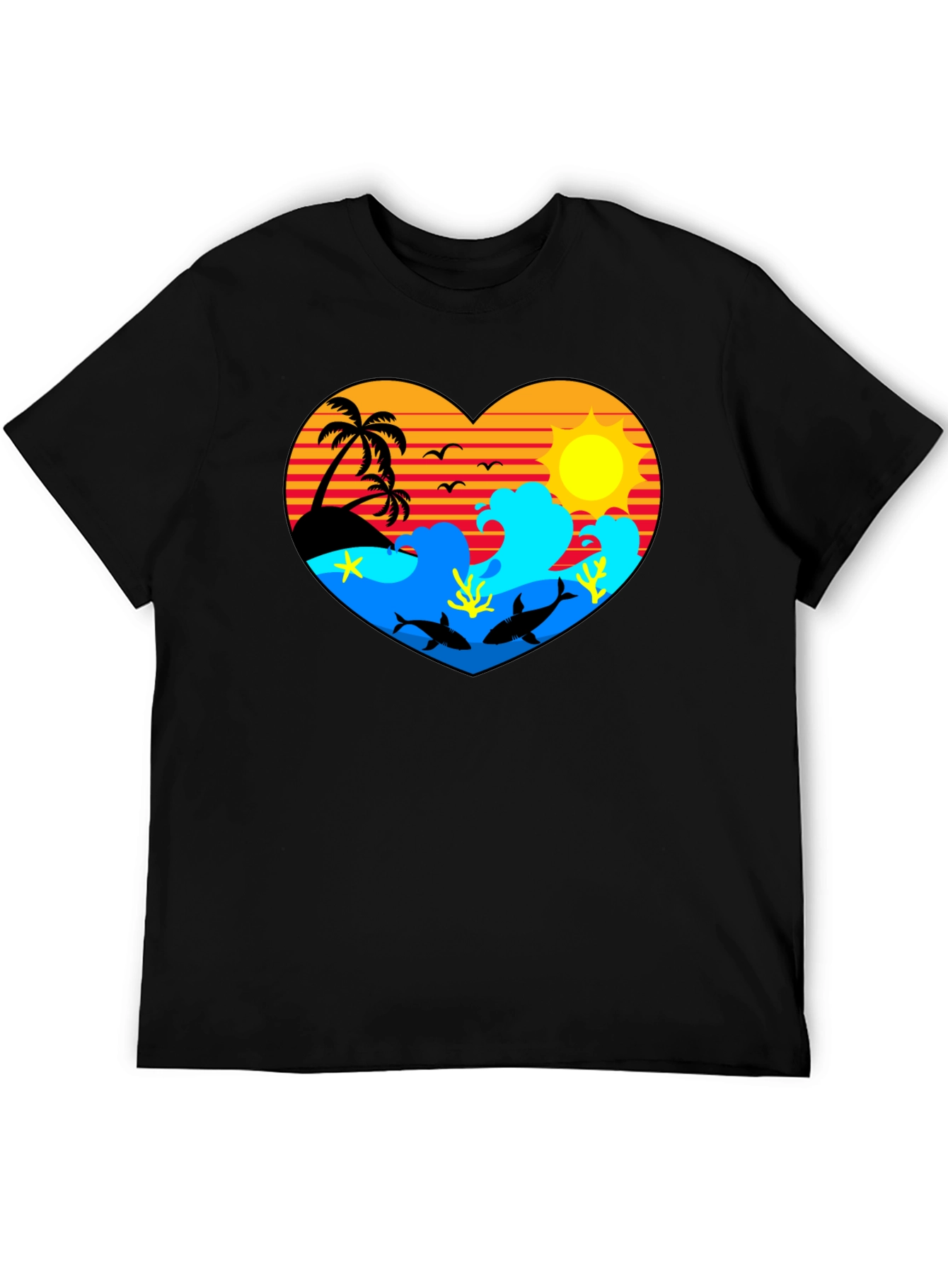 Tropical Heart Design Black T-Shirt