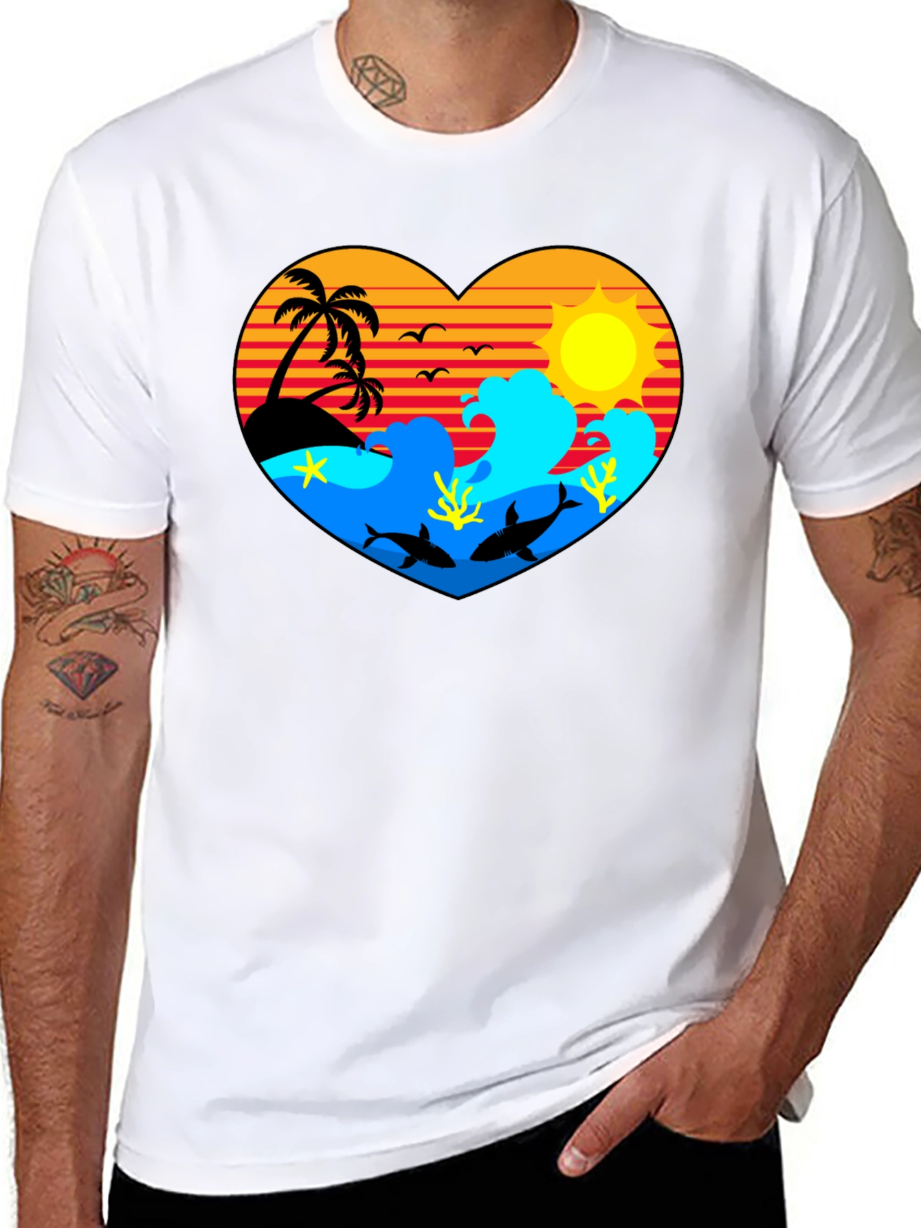 Tropical Heart Design Black T-Shirt