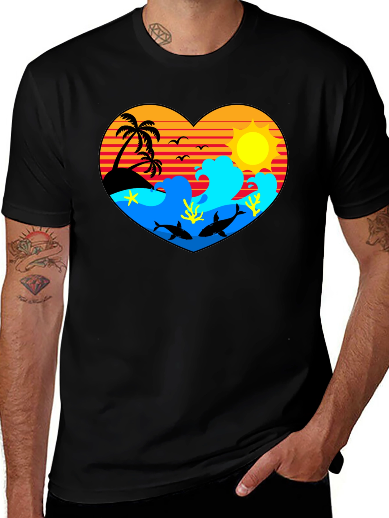 Tropical Heart Design Black T-Shirt