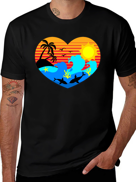 Tropical Heart Design Black T-Shirt