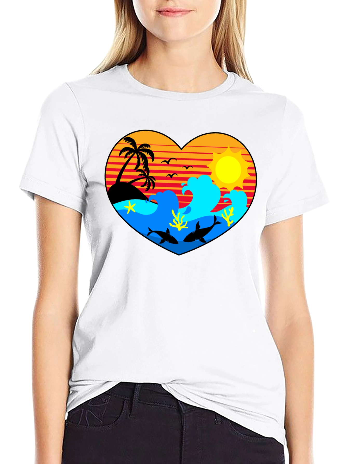 Tropical Heart Design Black T-Shirt