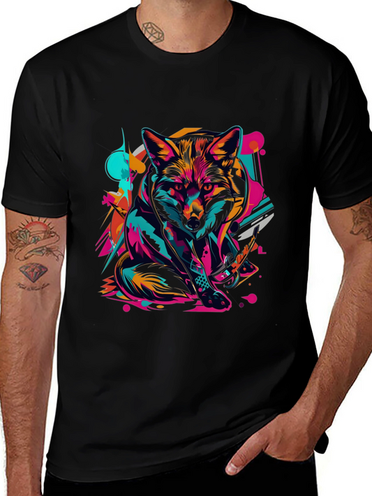 Abstract Colorful Fox Graphic Print Black T-Shirt