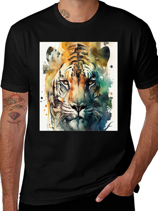 Tiger Watercolor Art Print Black T-Shirt