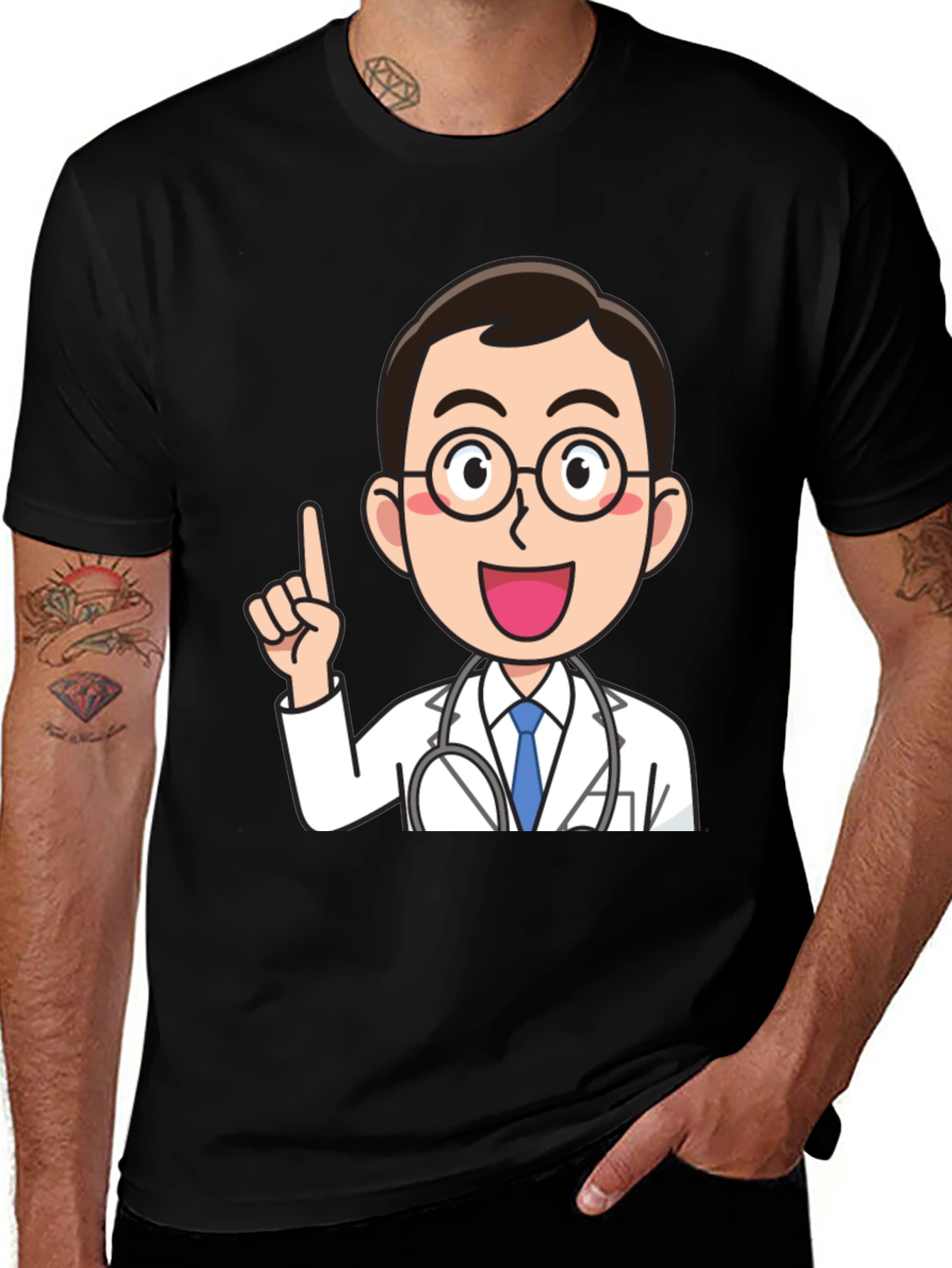 Doctor Cartoon Graphic Black T-Shirt