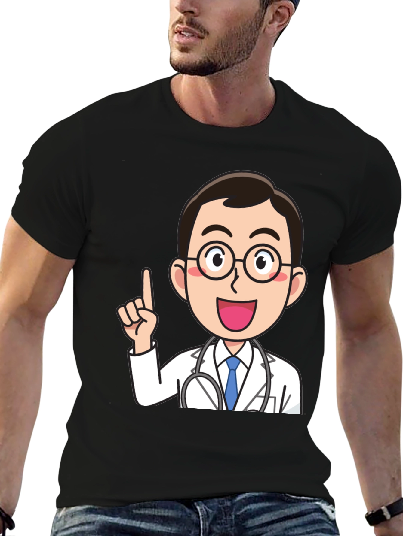 Doctor Cartoon Graphic Black T-Shirt