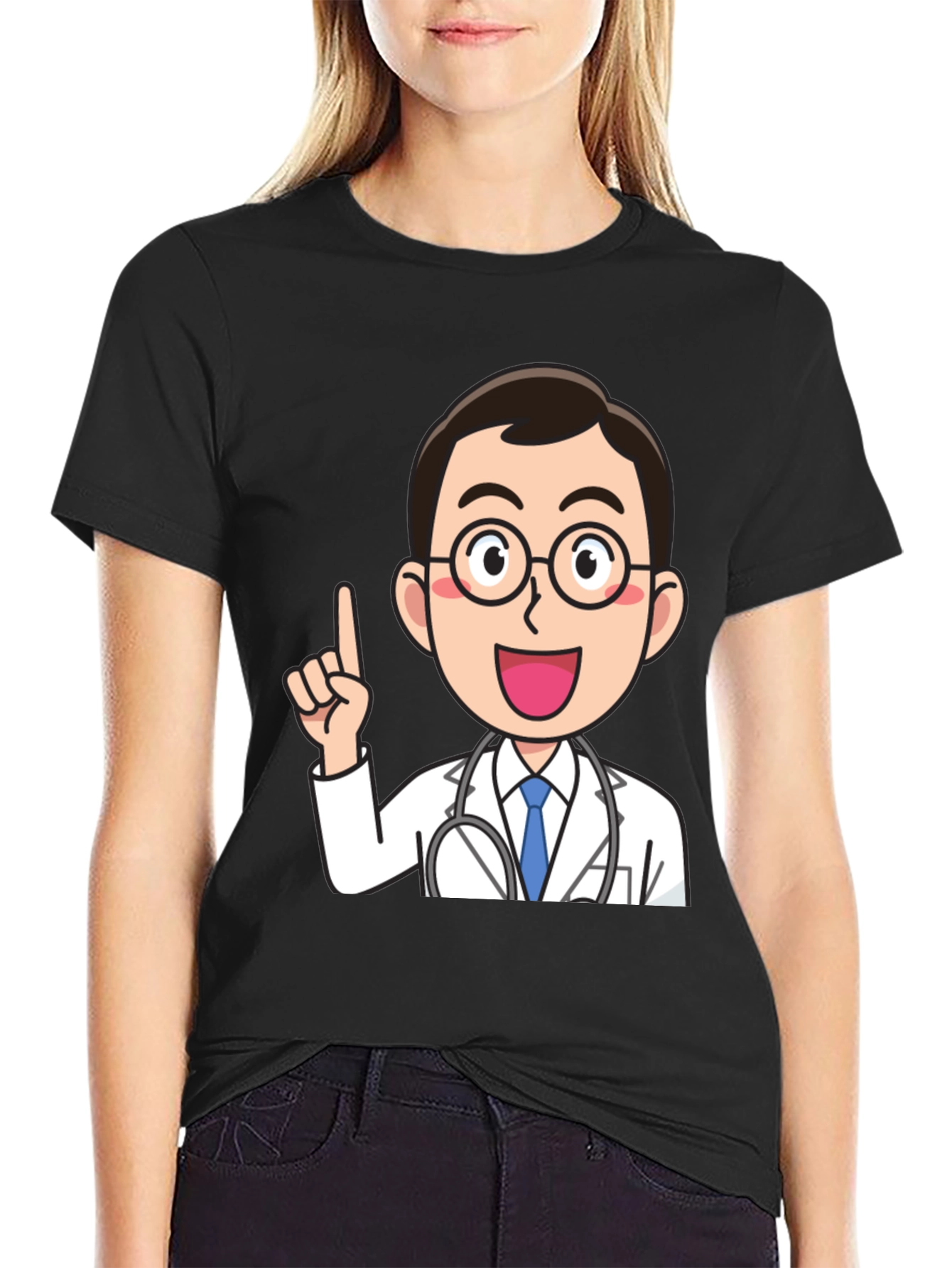 Doctor Cartoon Graphic Black T-Shirt