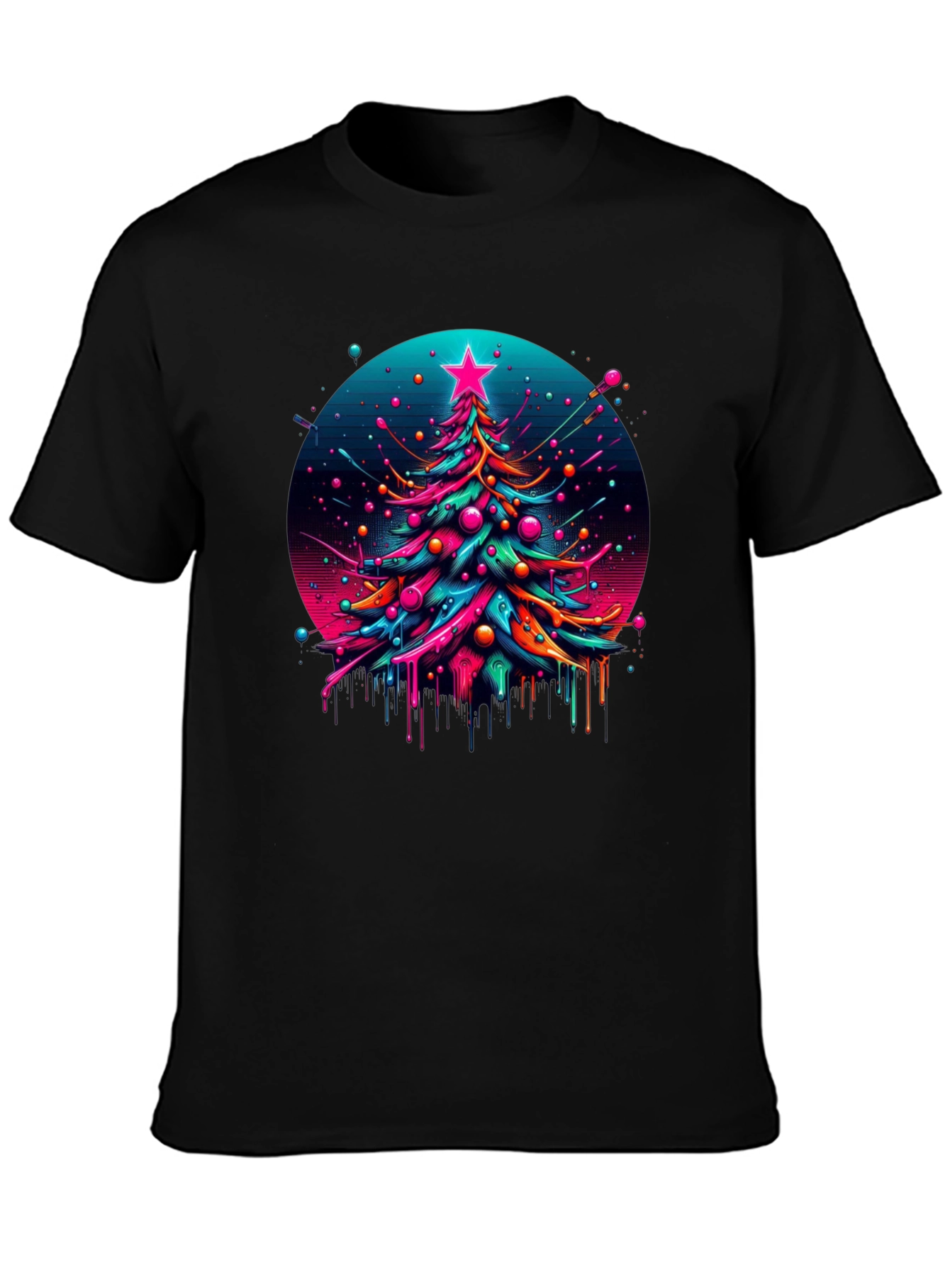 Neon Christmas Tree Graphic Black T-Shirt