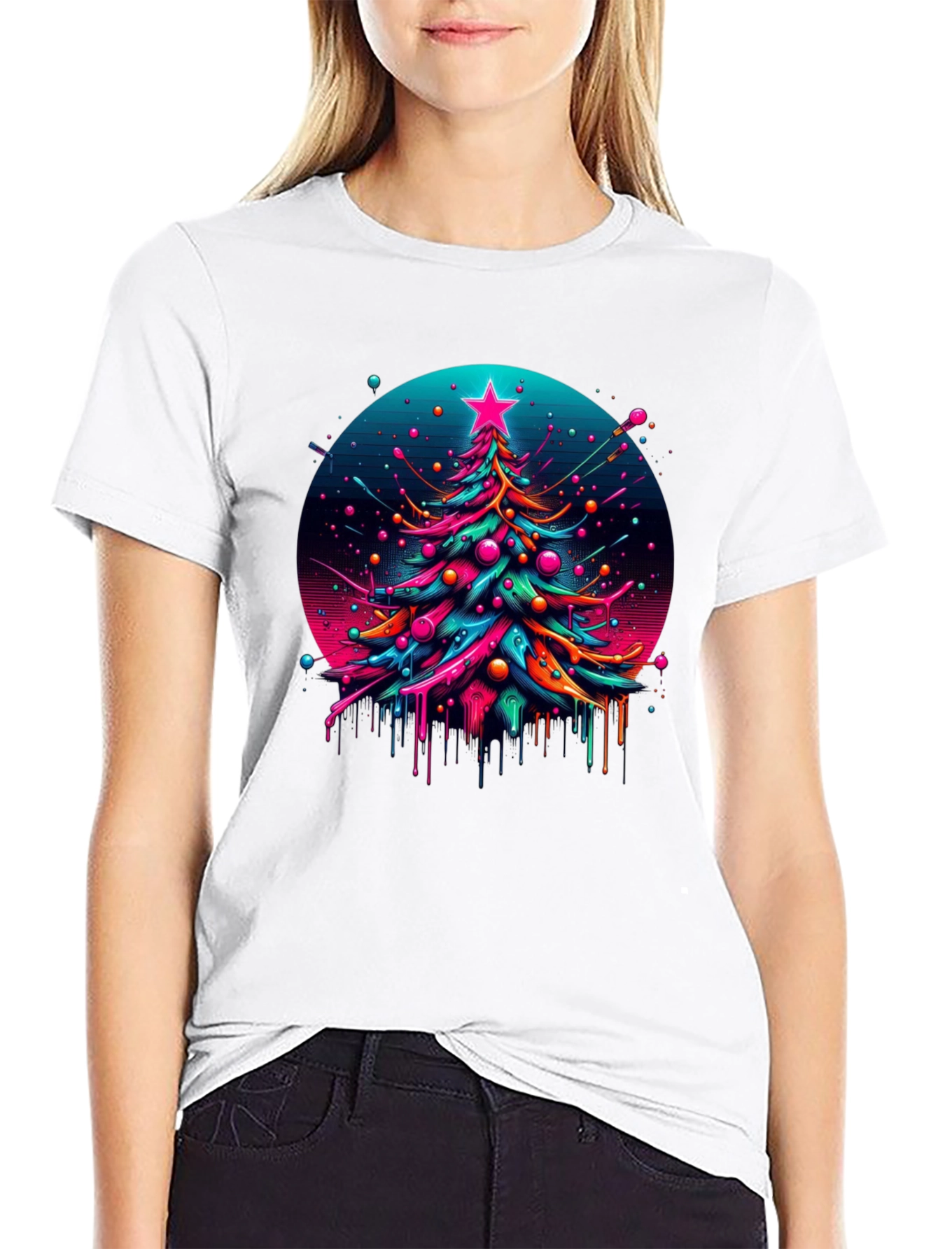 Neon Christmas Tree Graphic Black T-Shirt