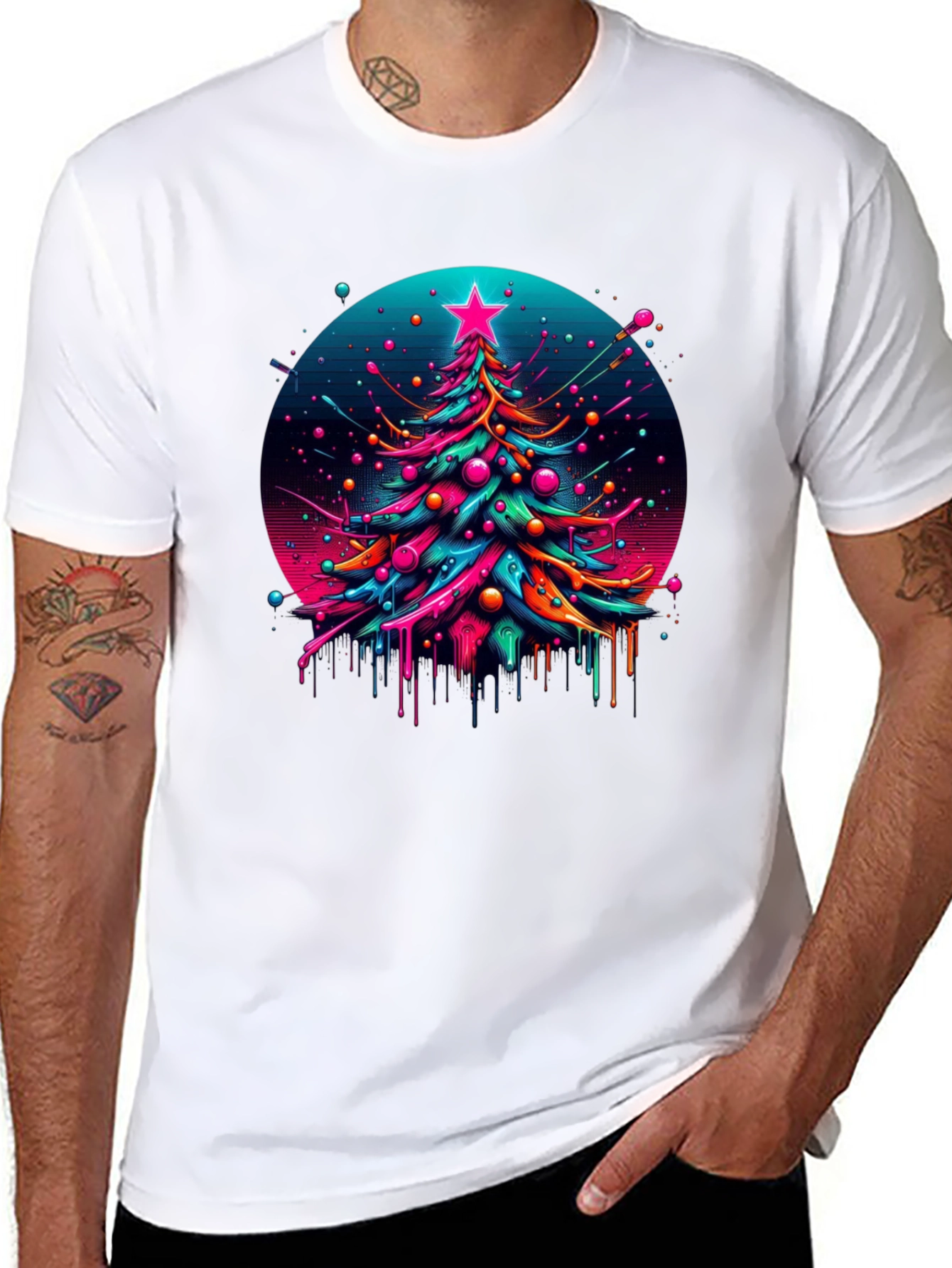 Neon Christmas Tree Graphic Black T-Shirt