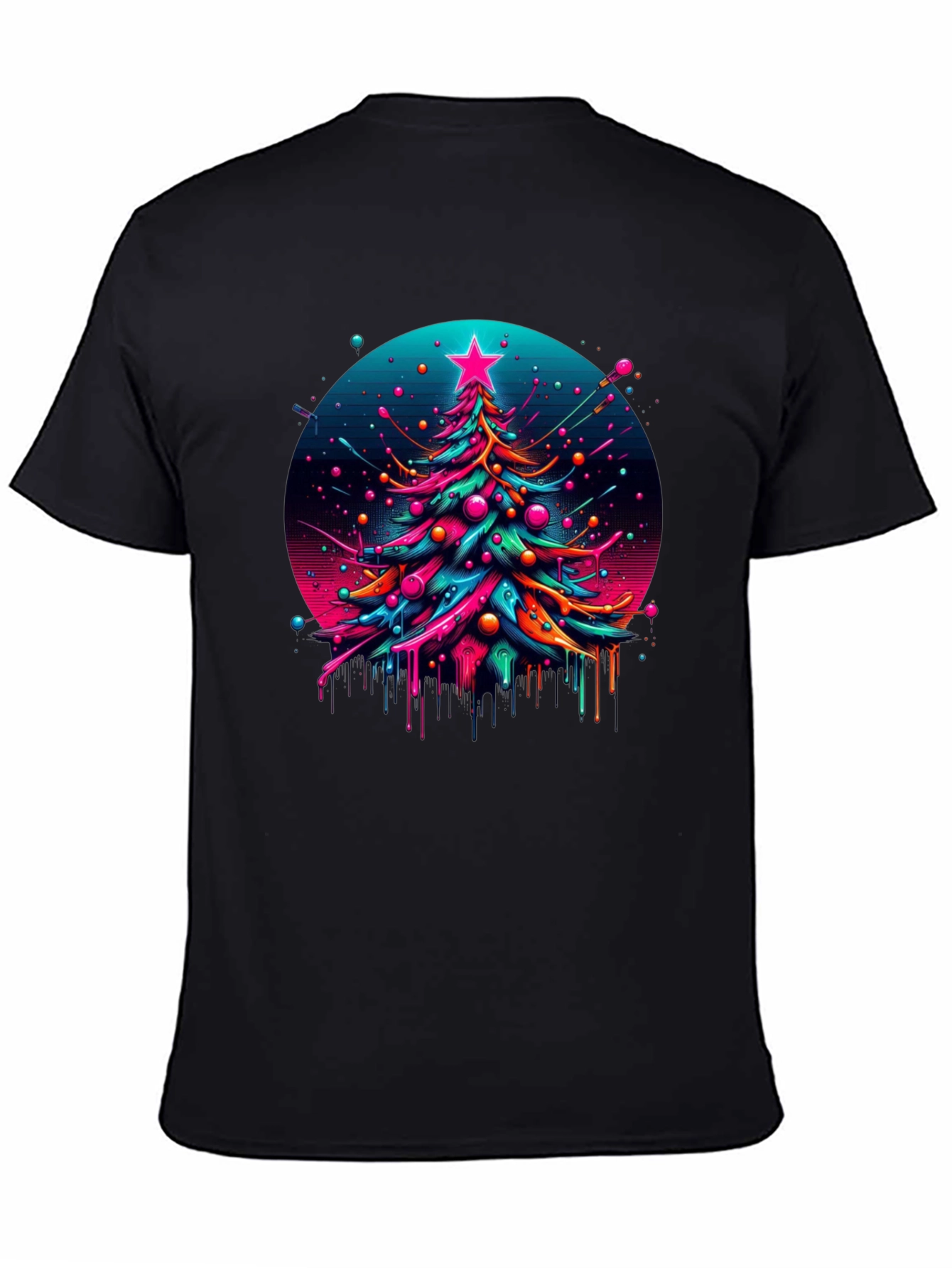 Neon Christmas Tree Graphic Black T-Shirt