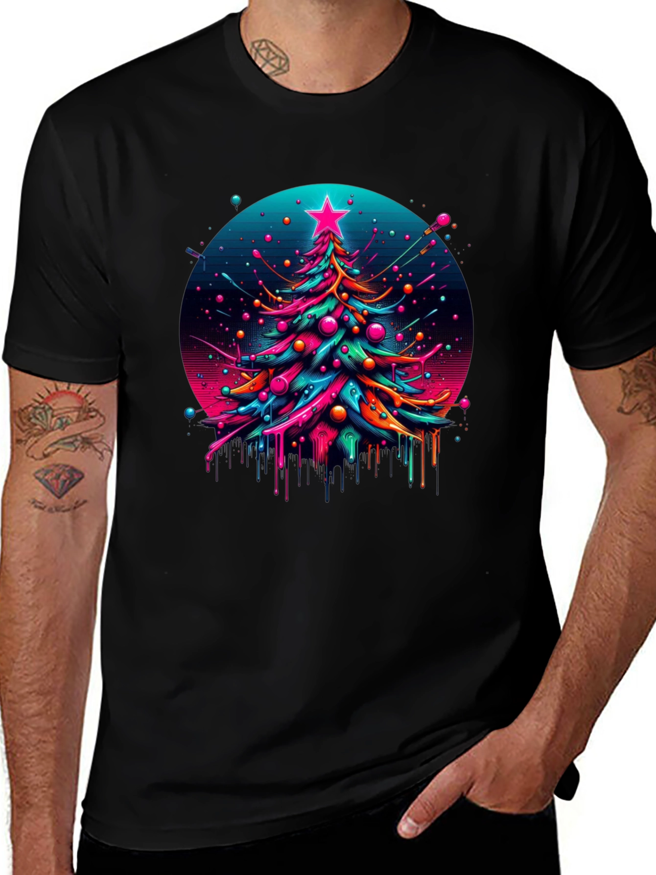 Neon Christmas Tree Graphic Black T-Shirt