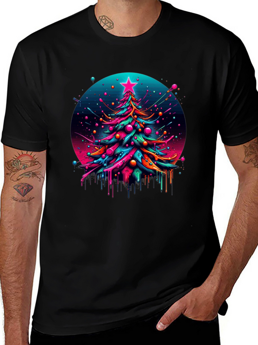 Neon Christmas Tree Graphic Black T-Shirt