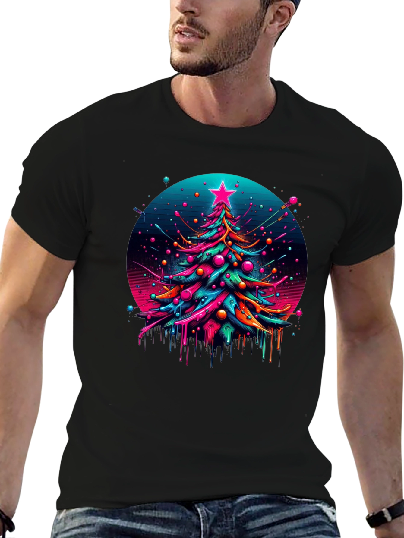 Neon Christmas Tree Graphic Black T-Shirt